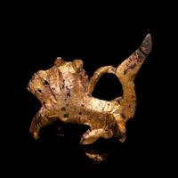 A Small Chinese Gilt Bronze Fu Lion-Form Decoration, Jin-Northern and Southern Dynasties 晉-南北朝 銅鎏金佛獅飾件