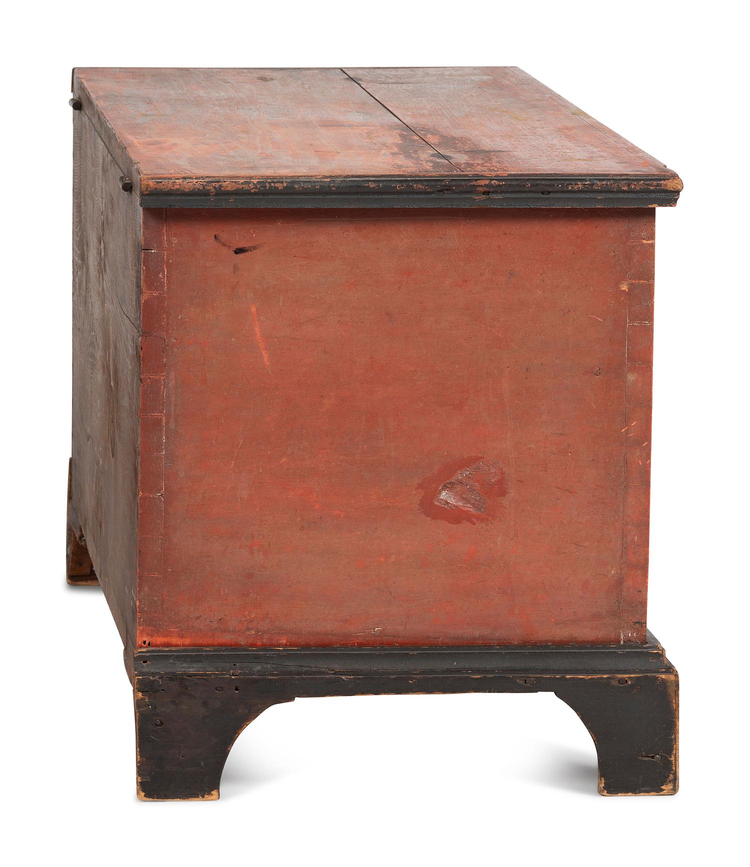A Chippendale Red and Polychrome Paint-Decorated Poplar and Pine Blanket Chest
