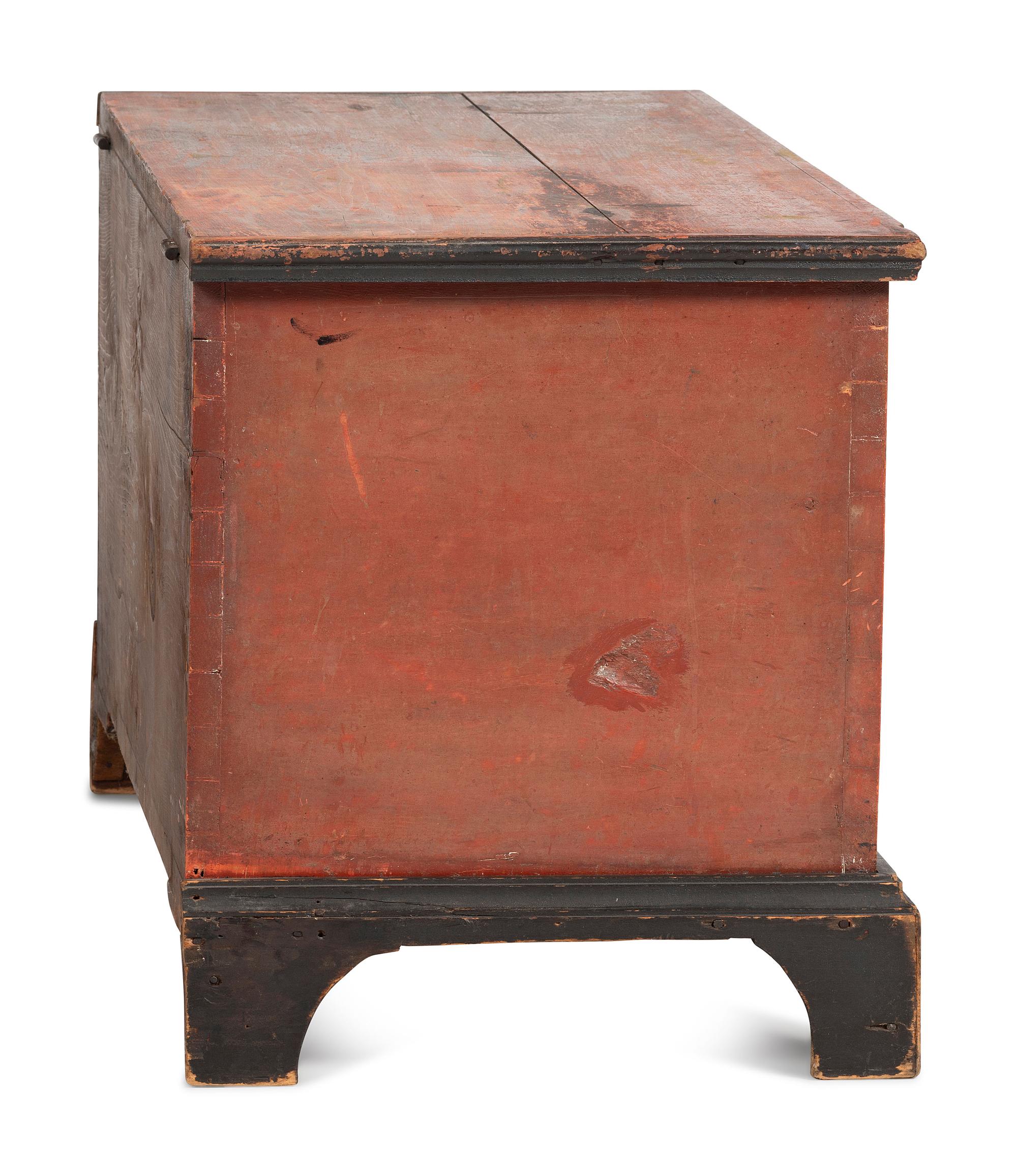 A Chippendale Red and Polychrome Paint-Decorated Poplar and Pine Blanket Chest