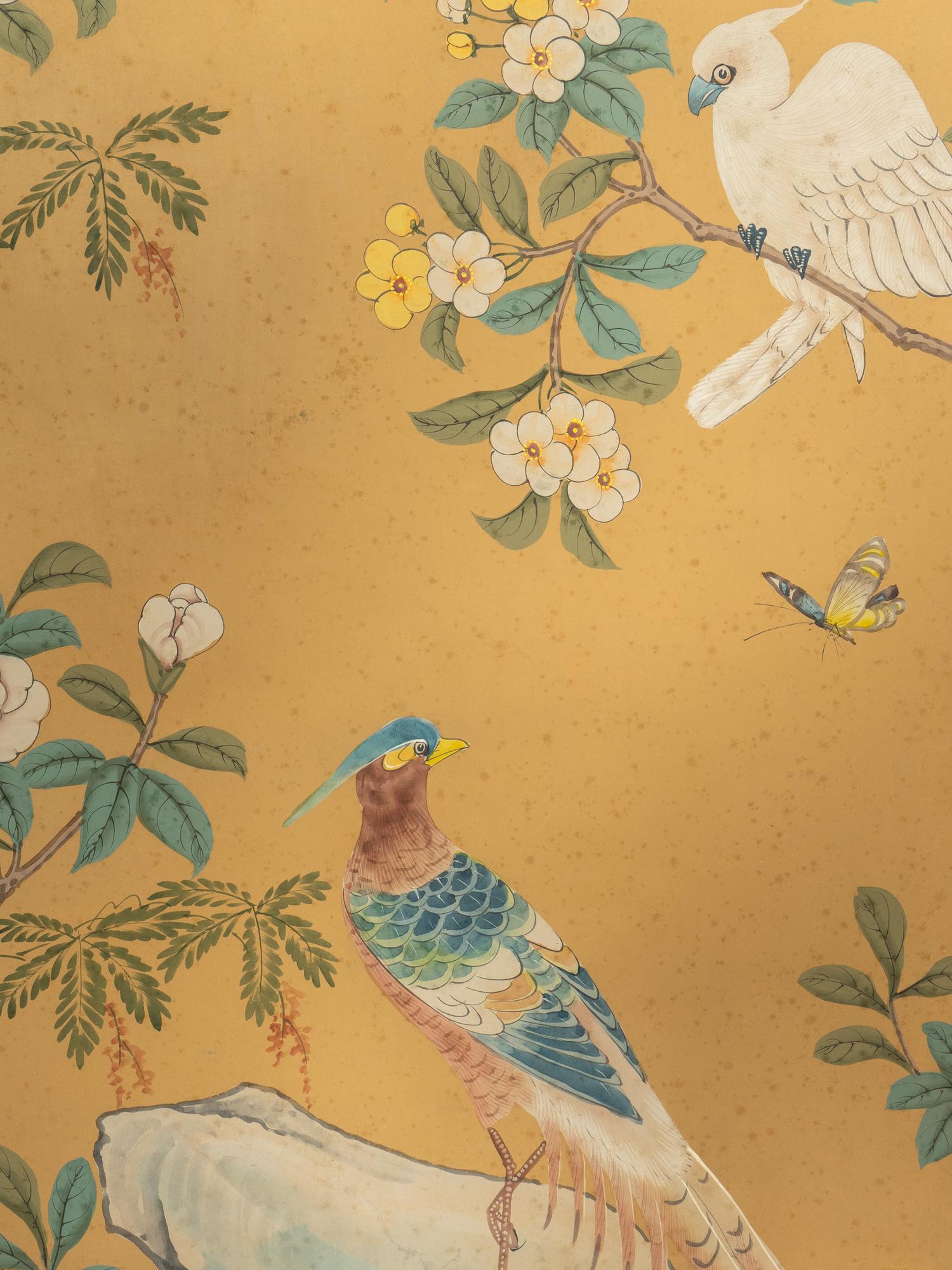 A Pair of Hand-Painted Chinoiserie Wallpaper Panels in Carved Gilt Wood Frames