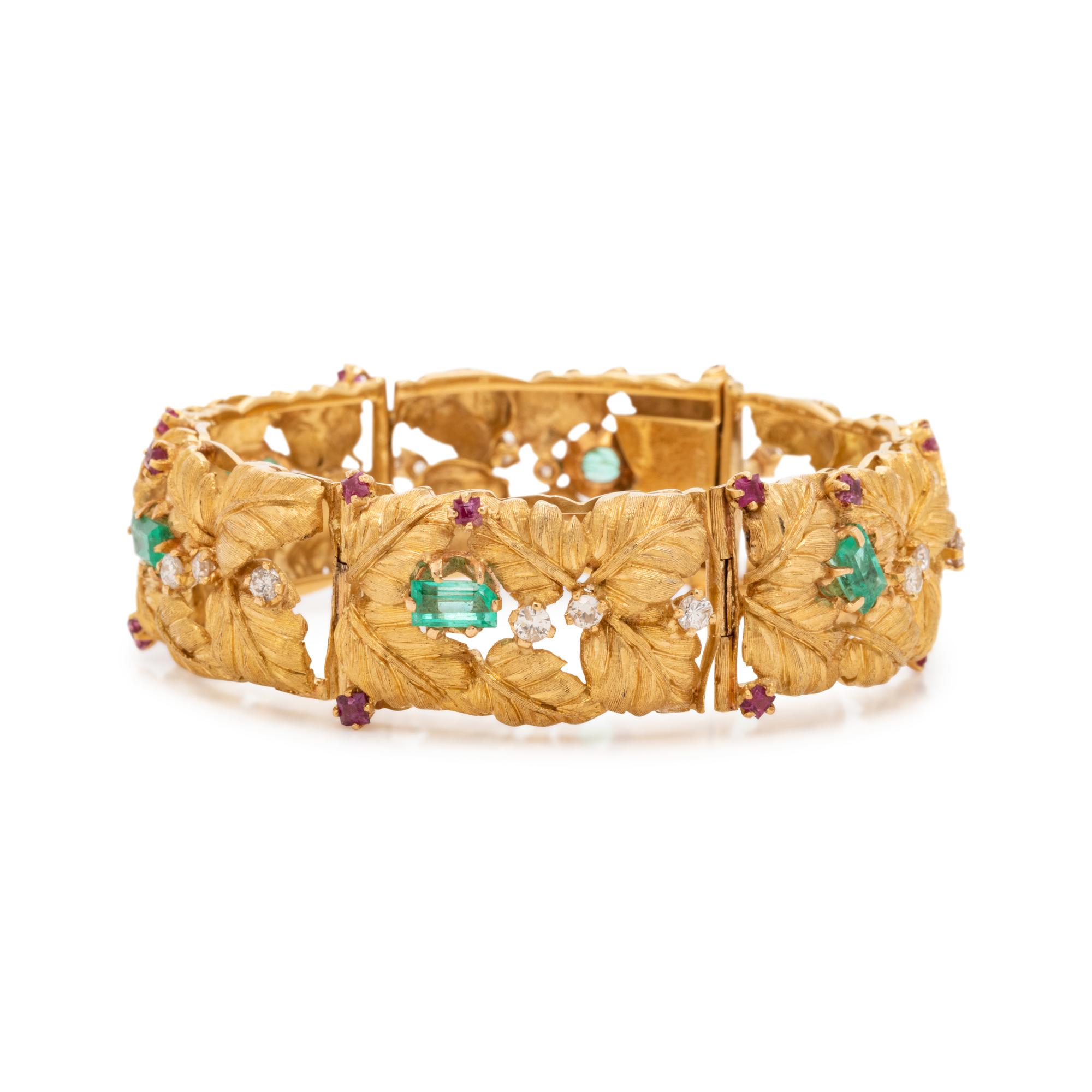 YELLOW GOLD, EMERALD, RUBY AND DIAMOND BRACELET