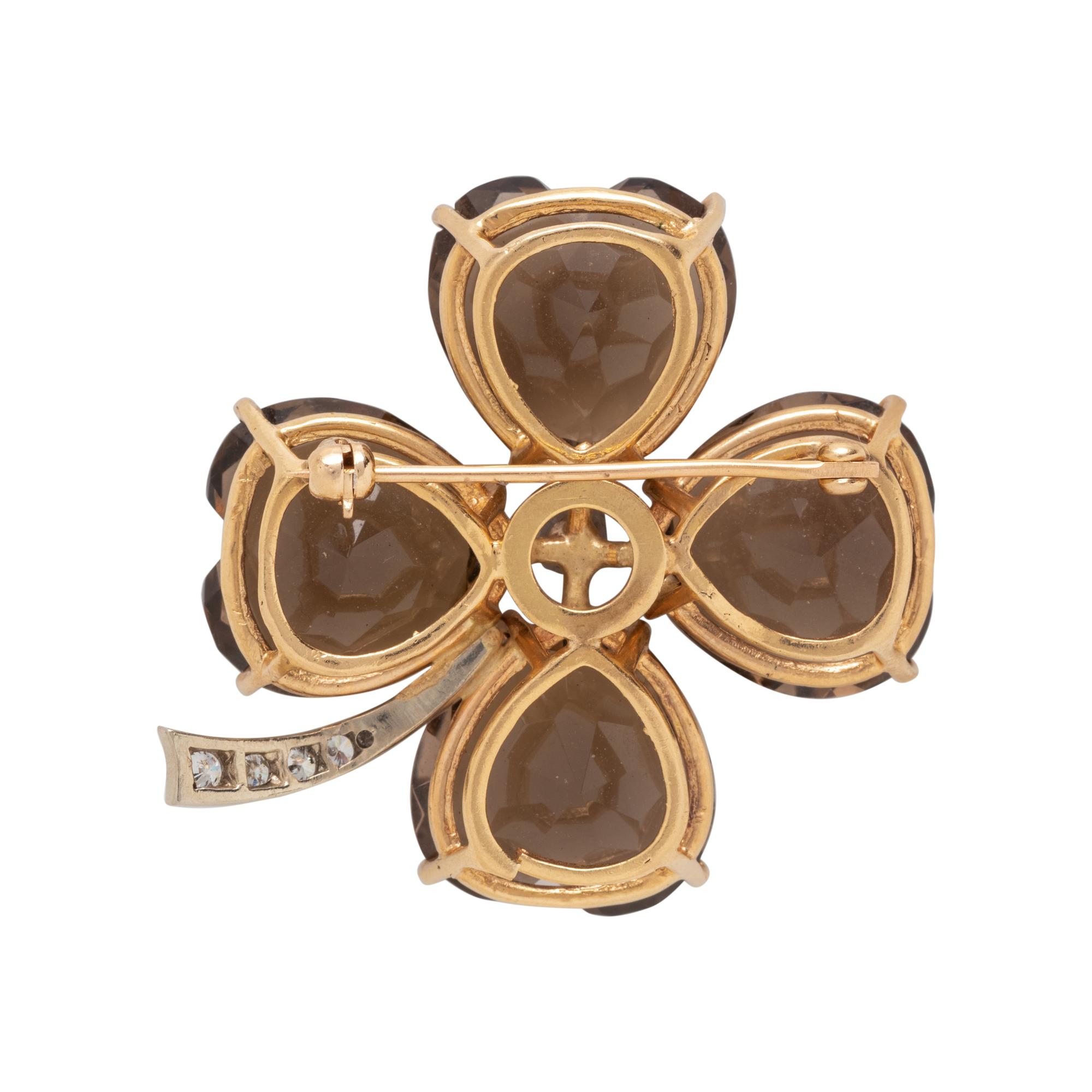SMOKY QUARTZ AND DIAMOND FOUR LEAF CLOVER BROOCH