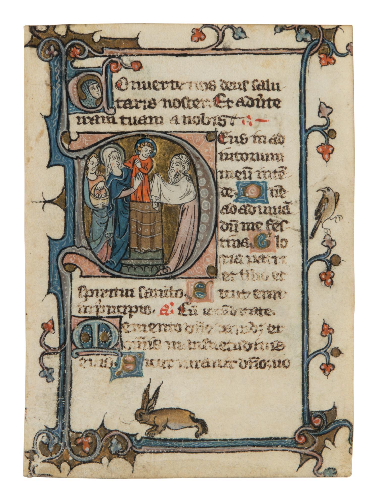 WORKSHOP OF THE MASTER OF BOETHIUS OF MONTPELLIER (active Eastern France, Metz, mid-14th century Leaf from a Book of Hours with large historiated initial ‘D’ showing the Presentation in the Temple and animal marginalia, in Latin, illuminated manuscript on parchment [France, Metz, ca. 1325–1350]