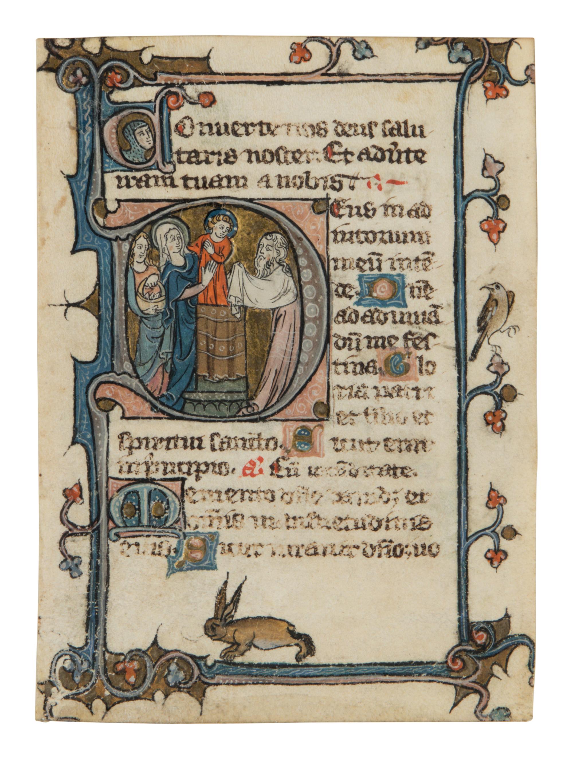 WORKSHOP OF THE MASTER OF BOETHIUS OF MONTPELLIER (active Eastern France, Metz, mid-14th century Leaf from a Book of Hours with large historiated initial ‘D’ showing the Presentation in the Temple and animal marginalia, in Latin, illuminated manuscript on parchment [France, Metz, ca. 1325–1350]