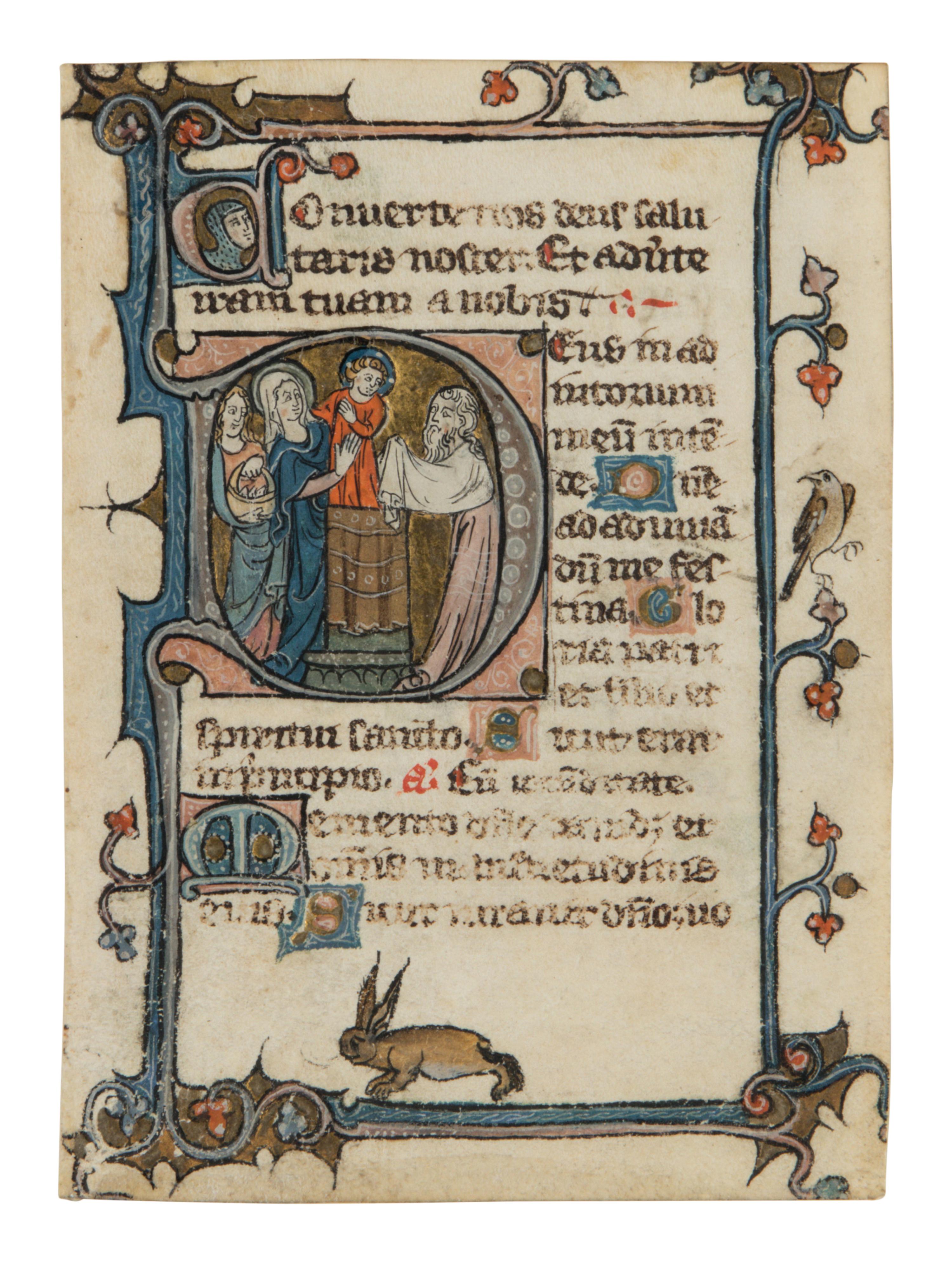 WORKSHOP OF THE MASTER OF BOETHIUS OF MONTPELLIER (active Eastern France, Metz, mid-14th century Leaf from a Book of Hours with large historiated initial ‘D’ showing the Presentation in the Temple and animal marginalia, in Latin, illuminated manuscript on parchment [France, Metz, ca. 1325–1350]
