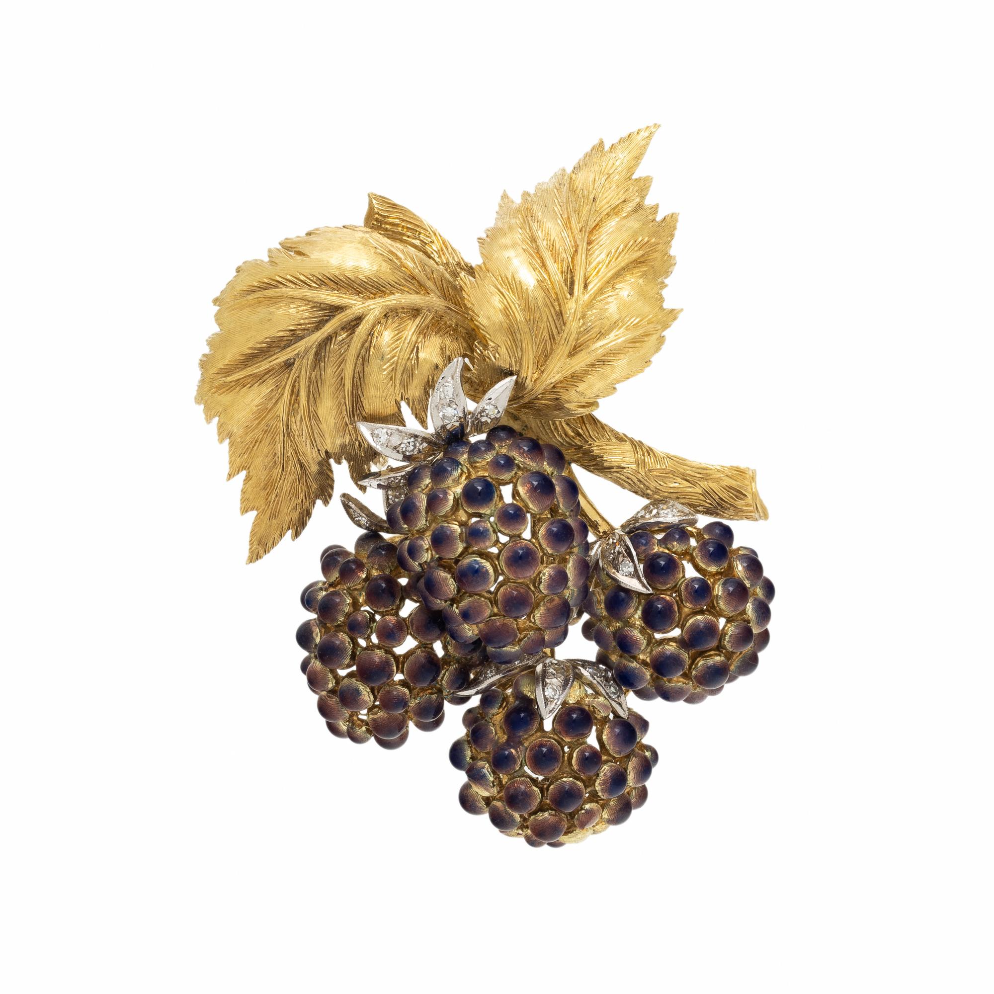 ENAMEL, DIAMOND, AND YELLOW GOLD BERRY BROOCH