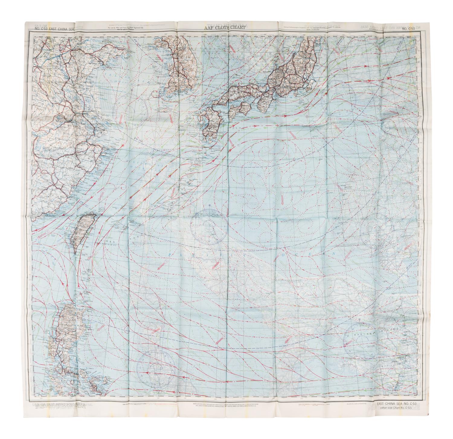 [ARMY AIR FORCE]. A group of World War II escape charts, all printed in Washington, D. C. on synthetic silk cloth, comprising: