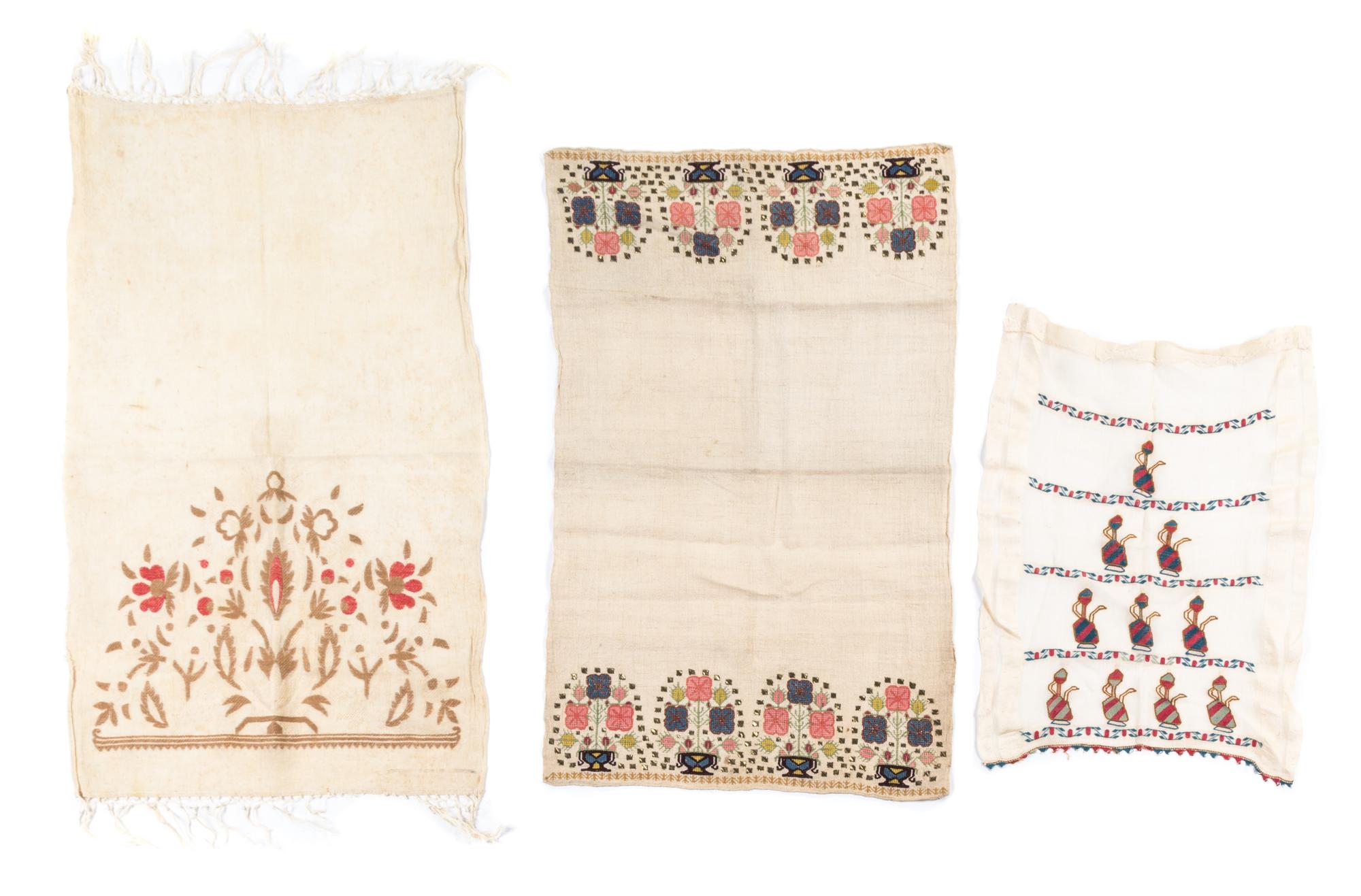 Three Ottoman Embroidered Linen Towels Length of longest 39 inches. — TURKEY AND GREECE, 19TH CENTURY