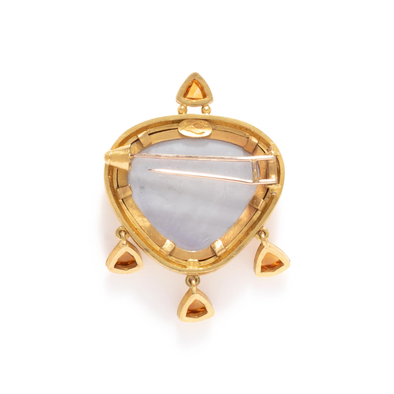 ELIZABETH LOCKE, YELLOW GOLD, CITRINE AND GLASS AND MOTHER-OF-PEARL CAMEO BROOCH