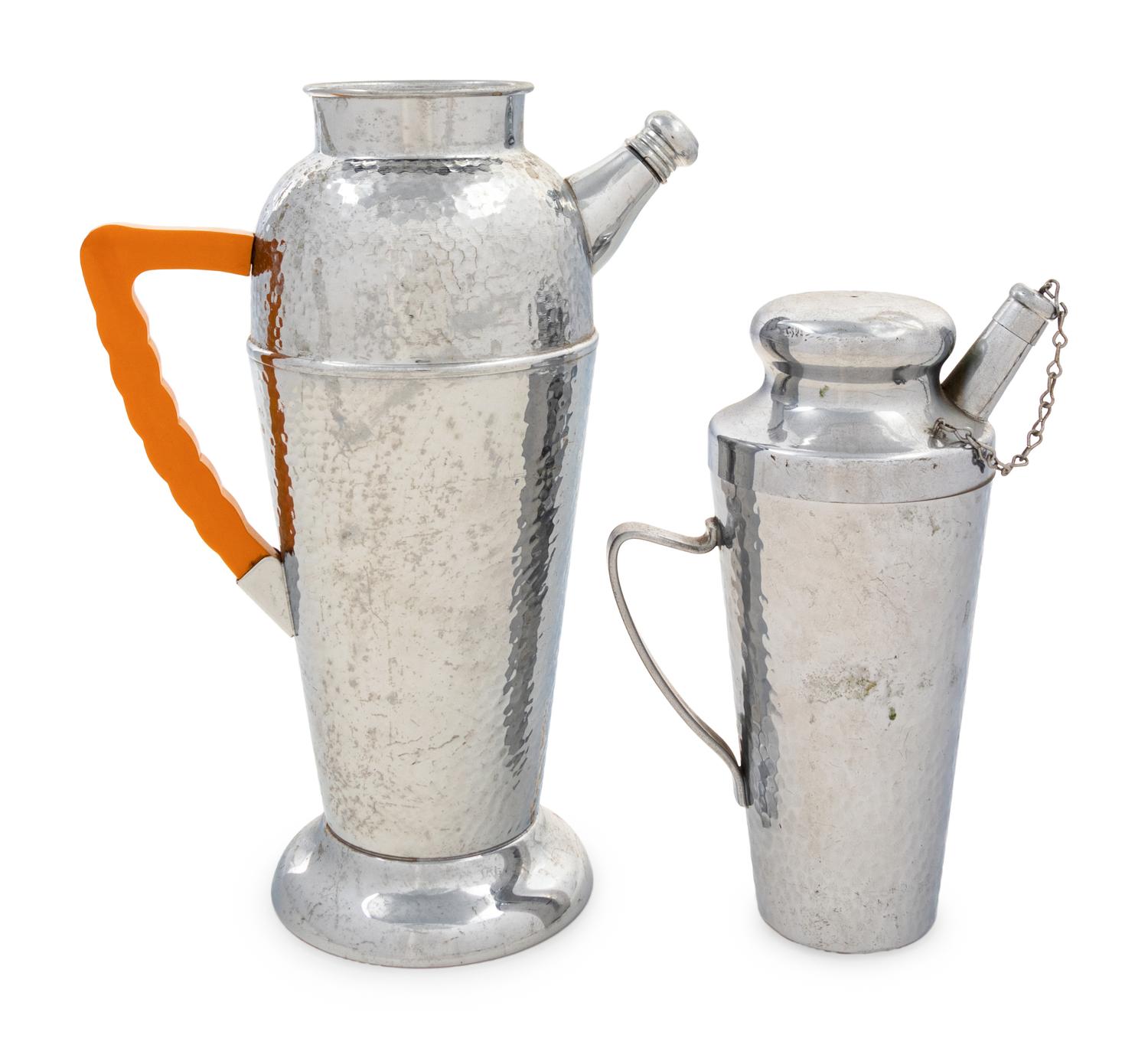 Two Spot-Hammered Chromed Metal Cocktail Shakers