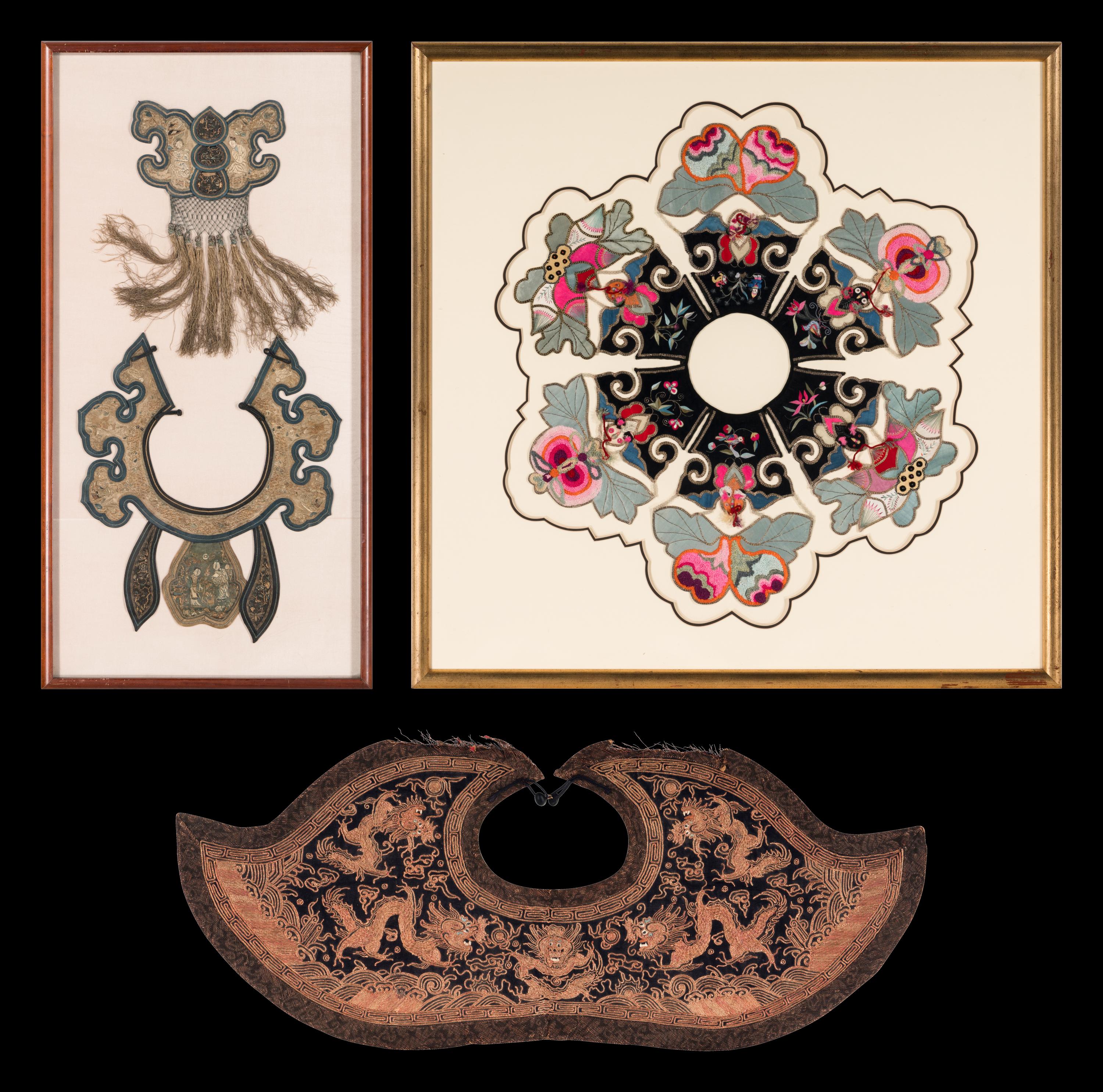 Three Chinese Embroidered Silk Collars, Qing Dynasty 清 云肩一組三件
