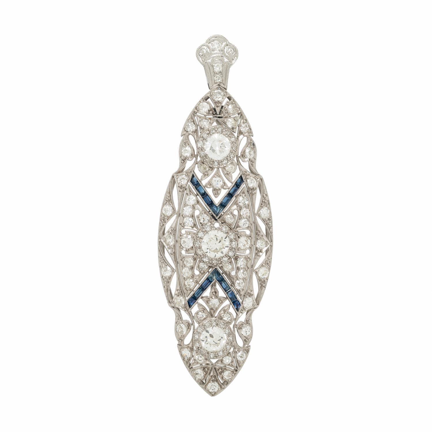 ART DECO, DIAMOND AND SAPPHIRE BROOCH PENDANT