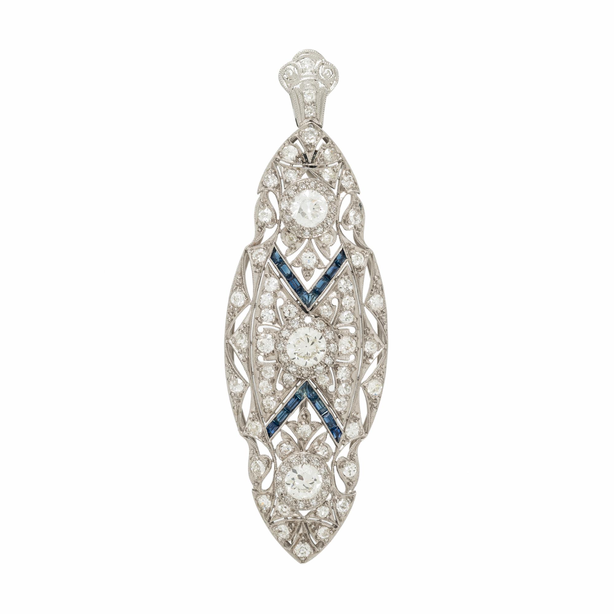 ART DECO, DIAMOND AND SAPPHIRE BROOCH PENDANT