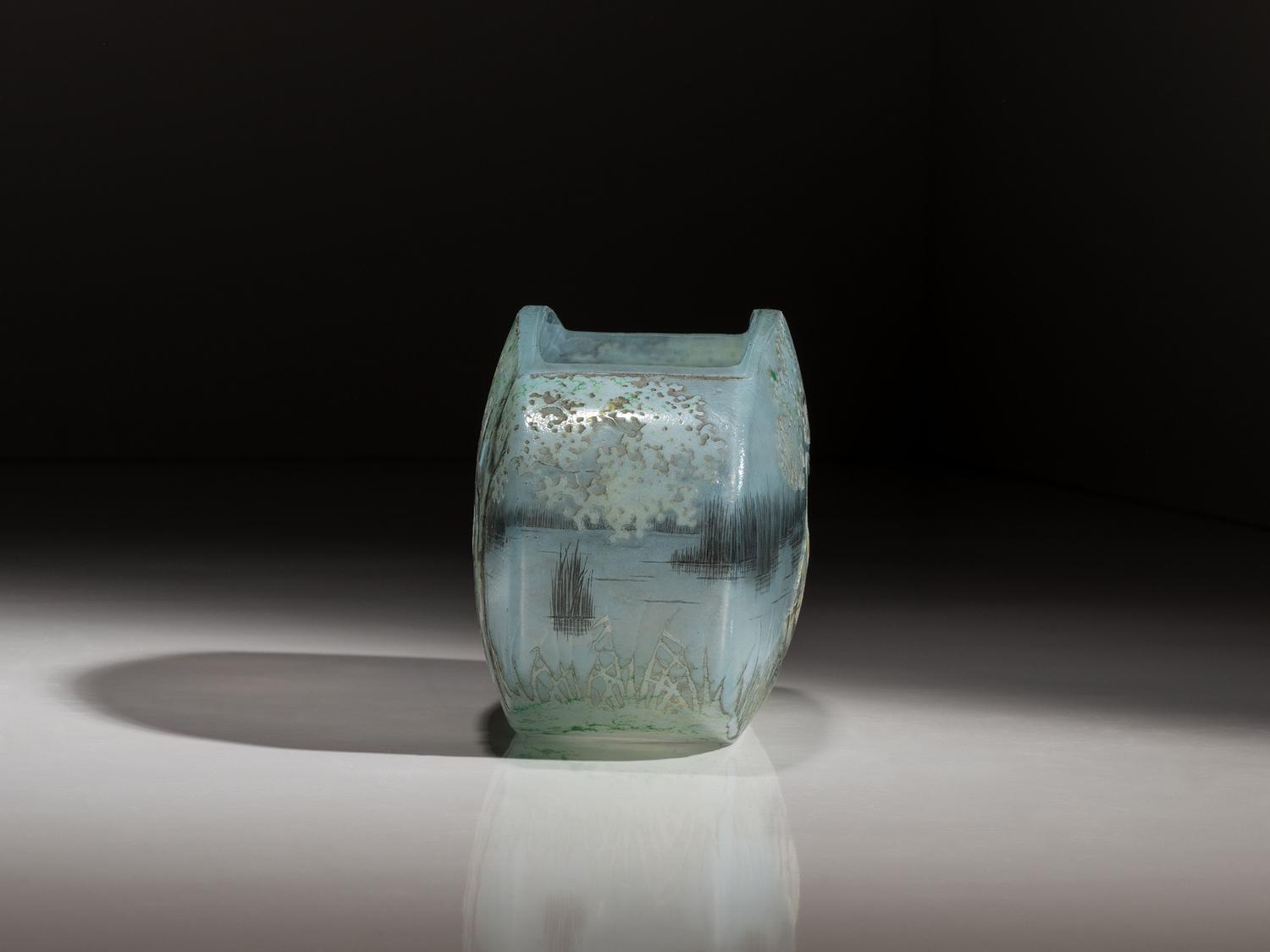 A Daum Enameled Glass Scenic Swan Vase