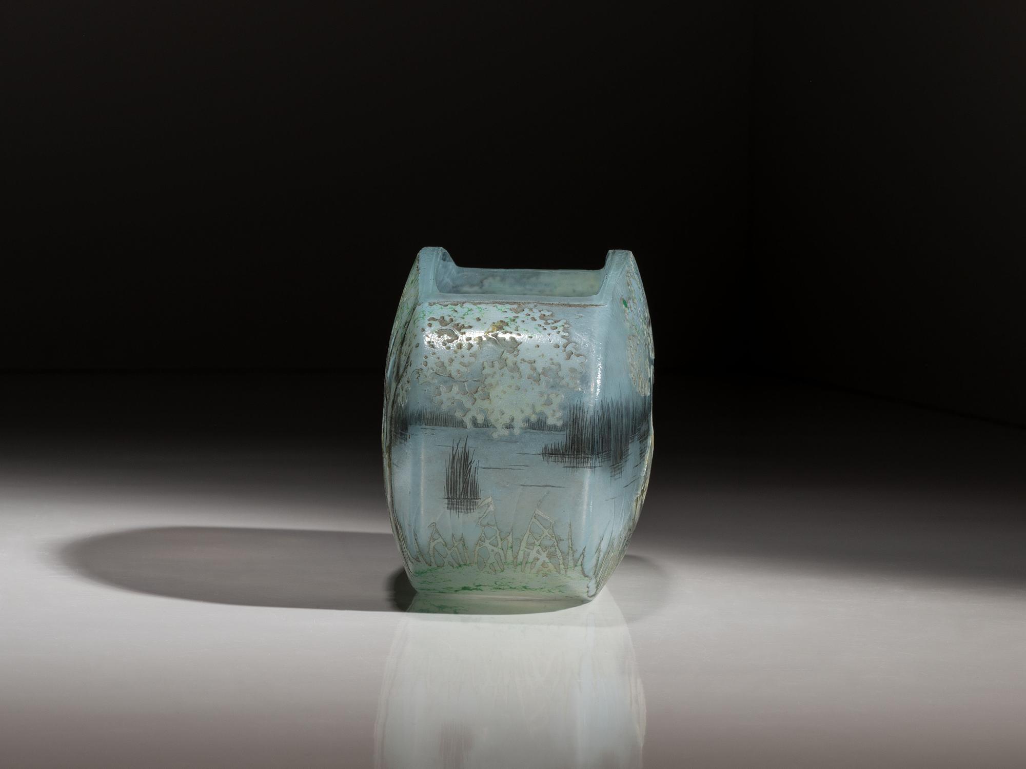 A Daum Enameled Glass Scenic Swan Vase