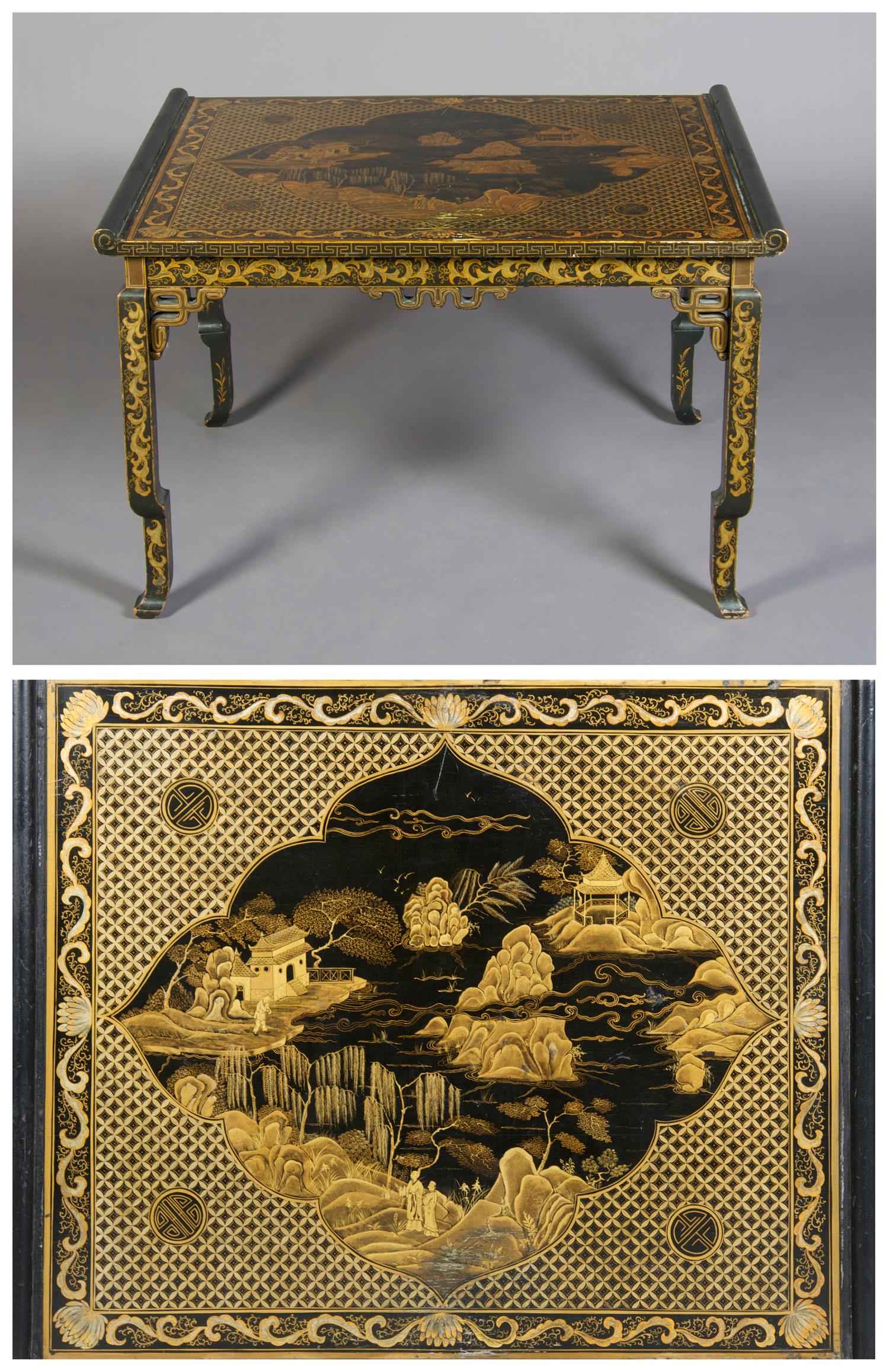 A Chinese Lacquered and Parcel Gilt Low Table, Height 23 1/2 x width 37 1/2 x depth 29 1/2 inches.