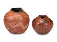 Pair of Redware Sgraffito Pottery Jars