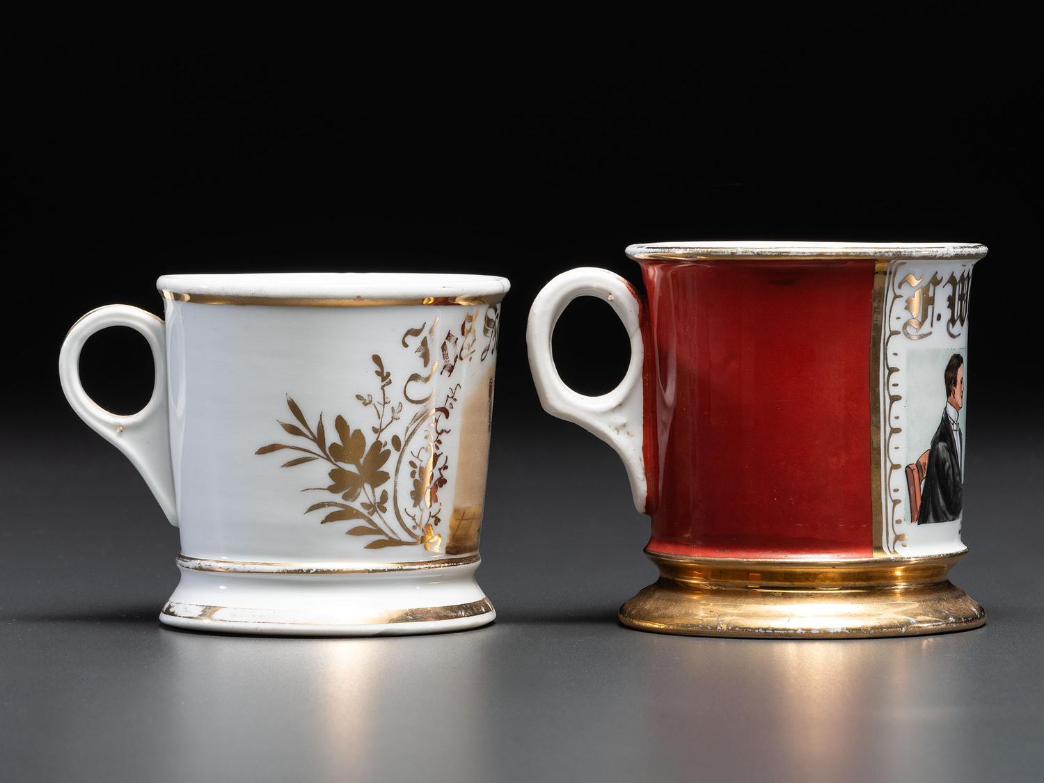 Two Porcelain Occupational Shaving Mugs of Libational Interest