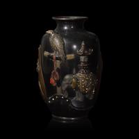 A Japanese Mixed Metal Vase with Hawk, Elephant, and Censer, Seiya Company, Meiji/Taisho Period 日本明治/大正時期 誠谷作鷹象銅瓶