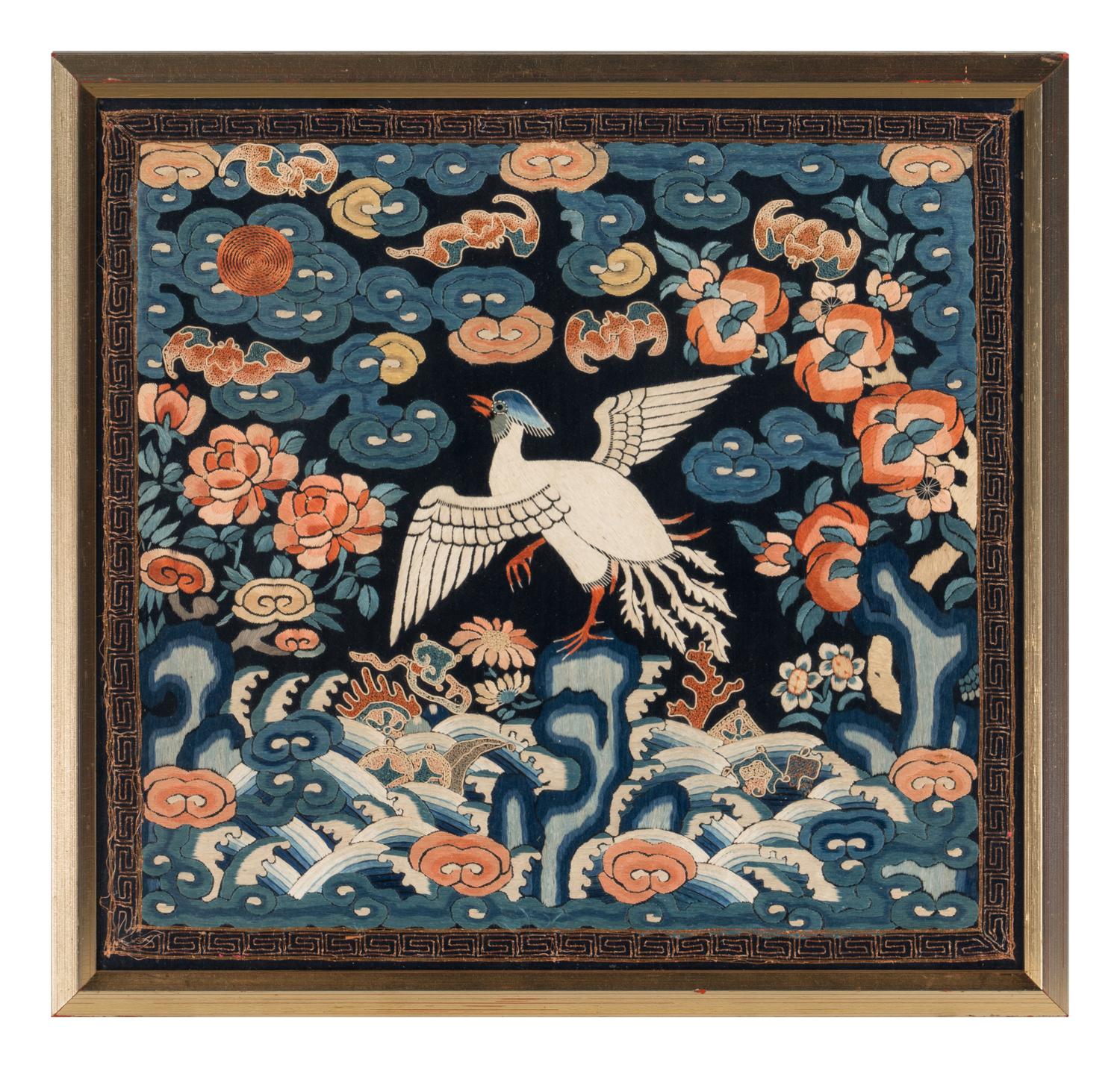 Two Chinese Embroidered Silk 'Silver Pheasant' Rank Badges, Buzi, 19th Century 清中晚期 刺綉五品文官白鹇補子兩幅