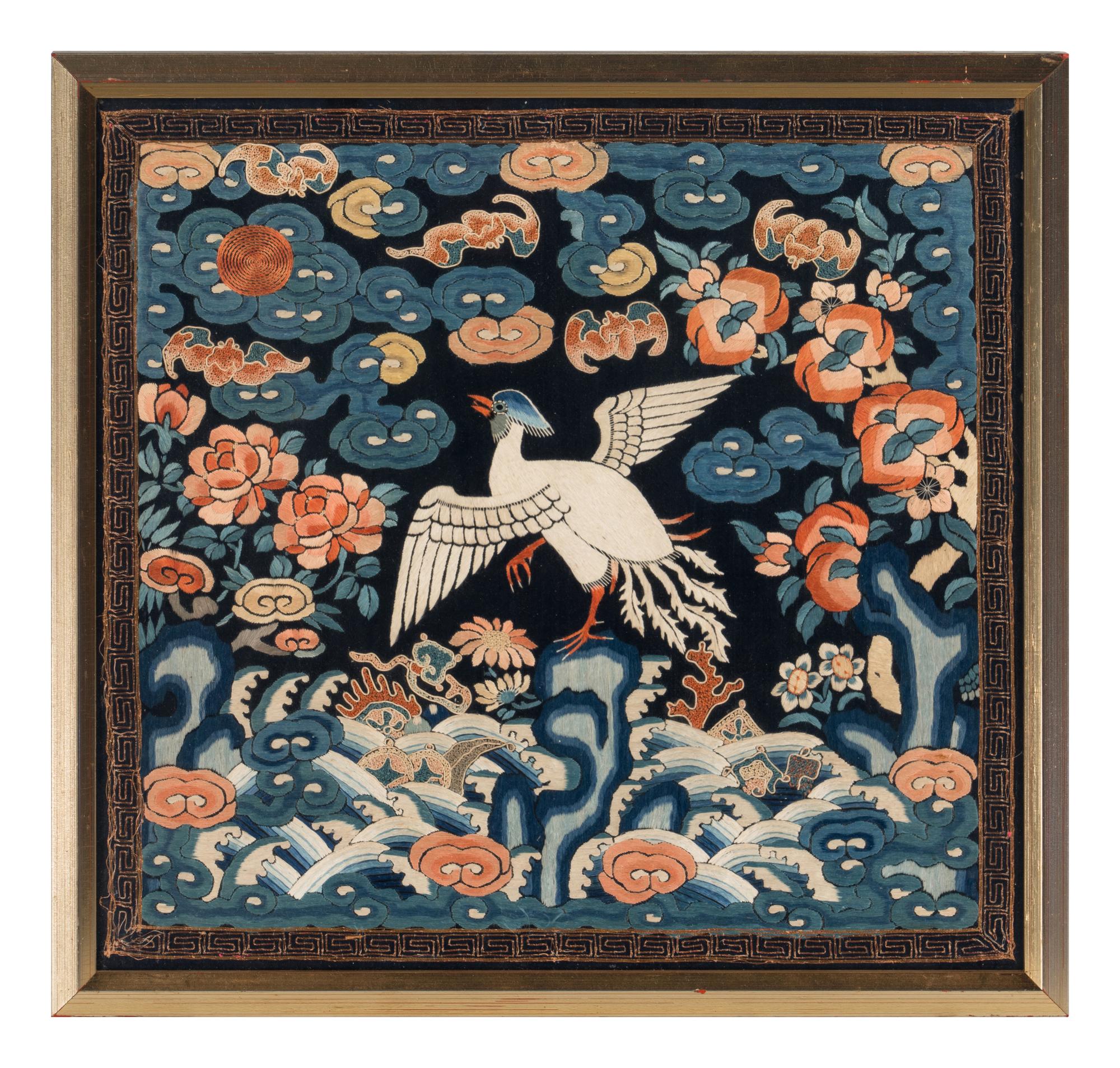 Two Chinese Embroidered Silk 'Silver Pheasant' Rank Badges, Buzi, 19th Century 清中晚期 刺綉五品文官白鹇補子兩幅