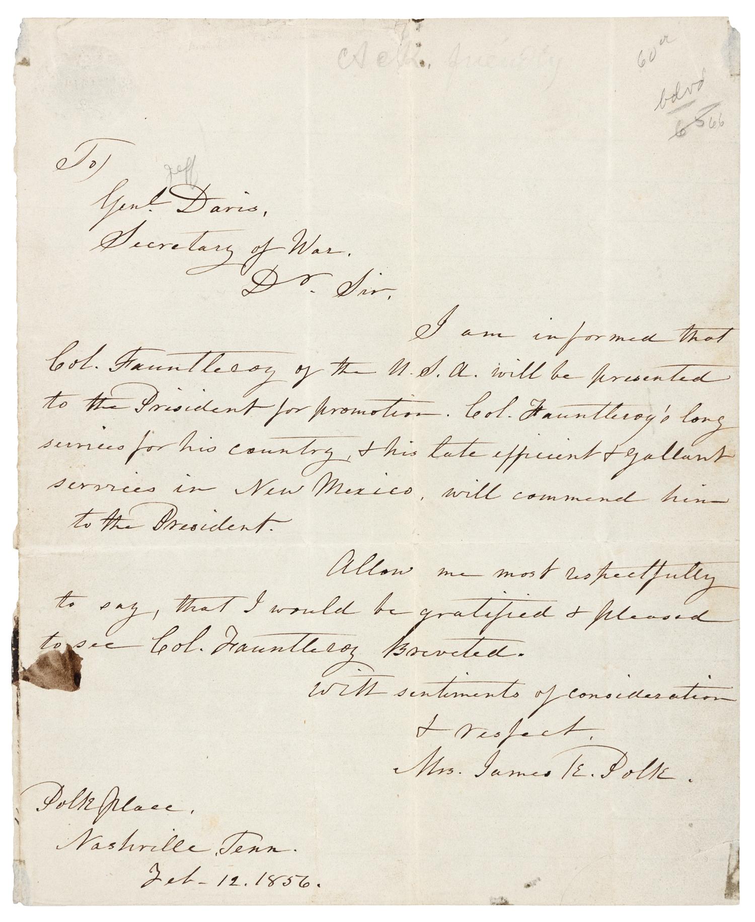 POLK, Sarah Childress (1803-1891), First Lady. Autograph letter signed ("Mrs James K. Polk"), Polk Place, Nashville, TN. To General Jefferson Davis, Secretary of War, 12 February 1856.