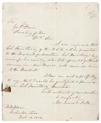 POLK, Sarah Childress (1803-1891), First Lady. Autograph letter signed ("Mrs James K. Polk"), Polk Place, Nashville, TN. To General Jefferson Davis, Secretary of War, 12 February 1856.