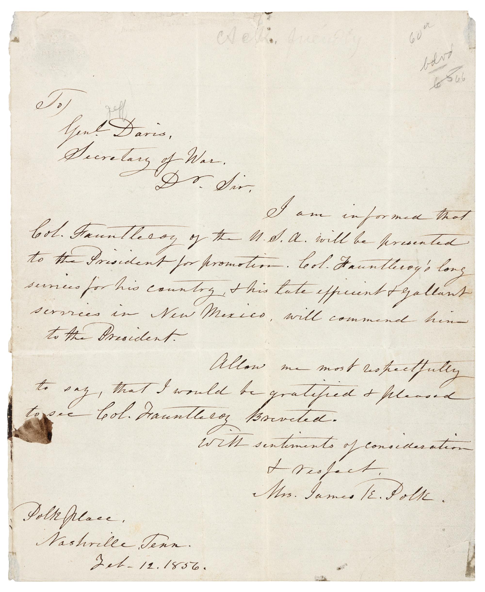 POLK, Sarah Childress (1803-1891), First Lady. Autograph letter signed ("Mrs James K. Polk"), Polk Place, Nashville, TN. To General Jefferson Davis, Secretary of War, 12 February 1856.