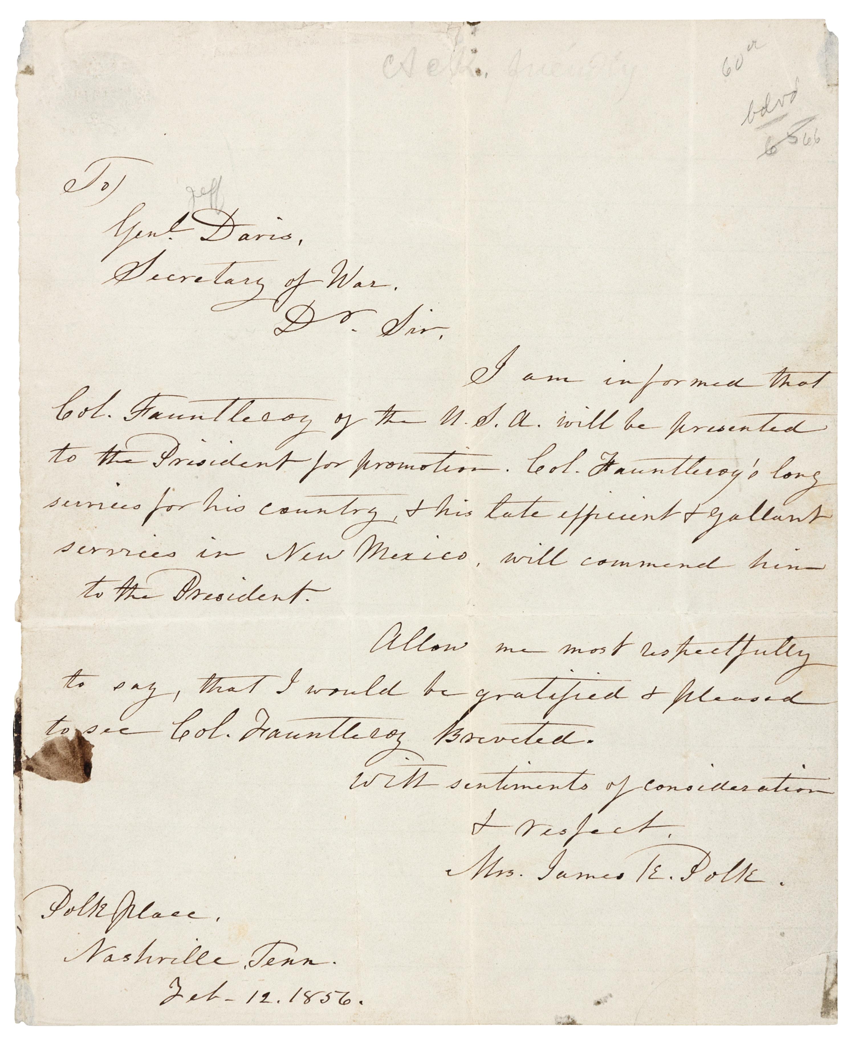 POLK, Sarah Childress (1803-1891), First Lady. Autograph letter signed ("Mrs James K. Polk"), Polk Place, Nashville, TN. To General Jefferson Davis, Secretary of War, 12 February 1856.