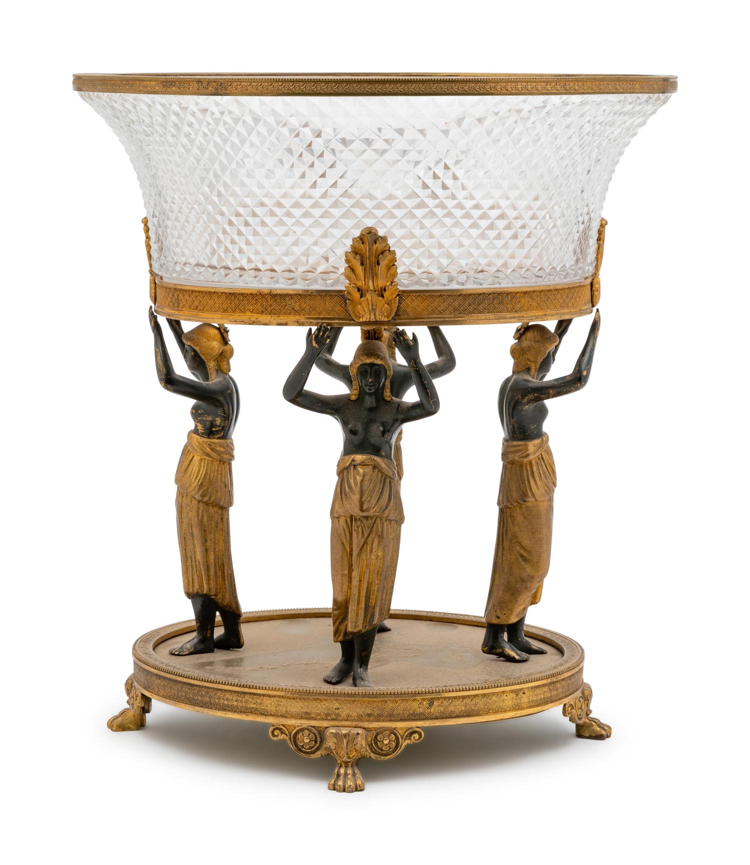 An Austrian Gilt and Patinated Bronze and Diamond-Cut Glass Centerpiece Bowl