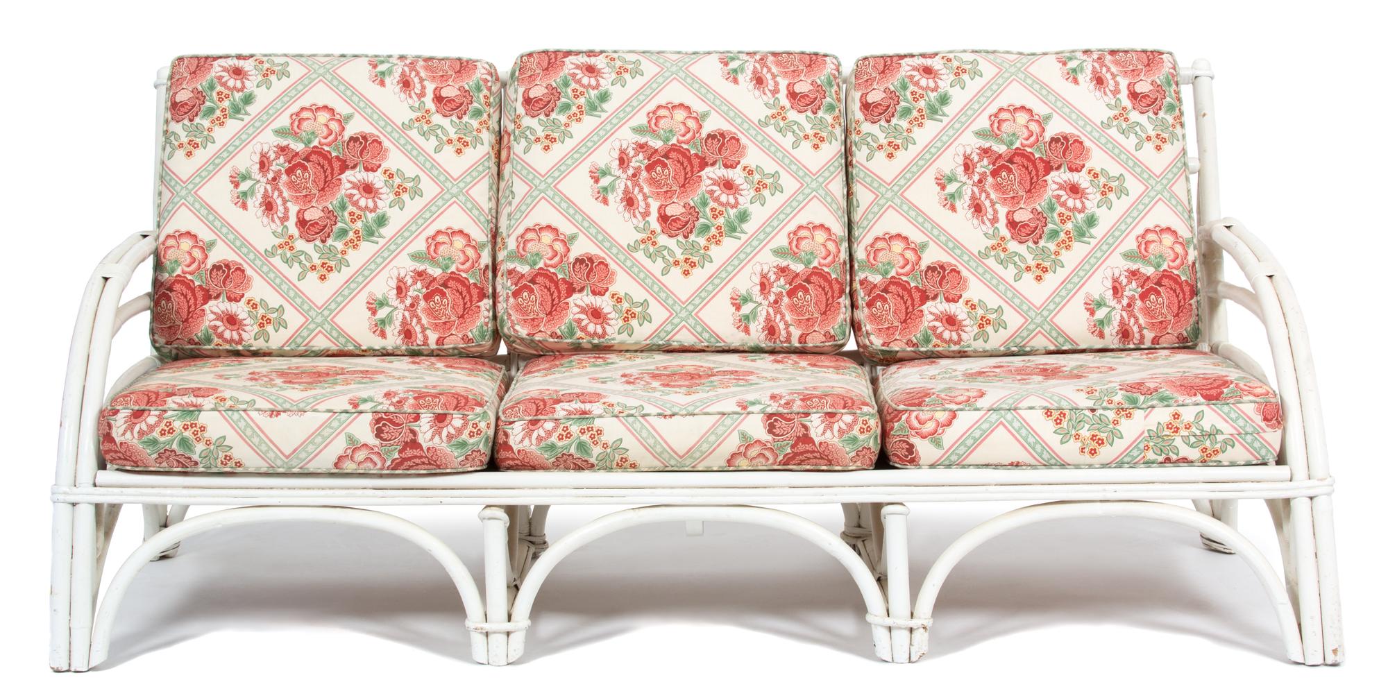 A Group of White Painted Rattan Furniture Length of sofa 75 inches. — 20TH CENTURY