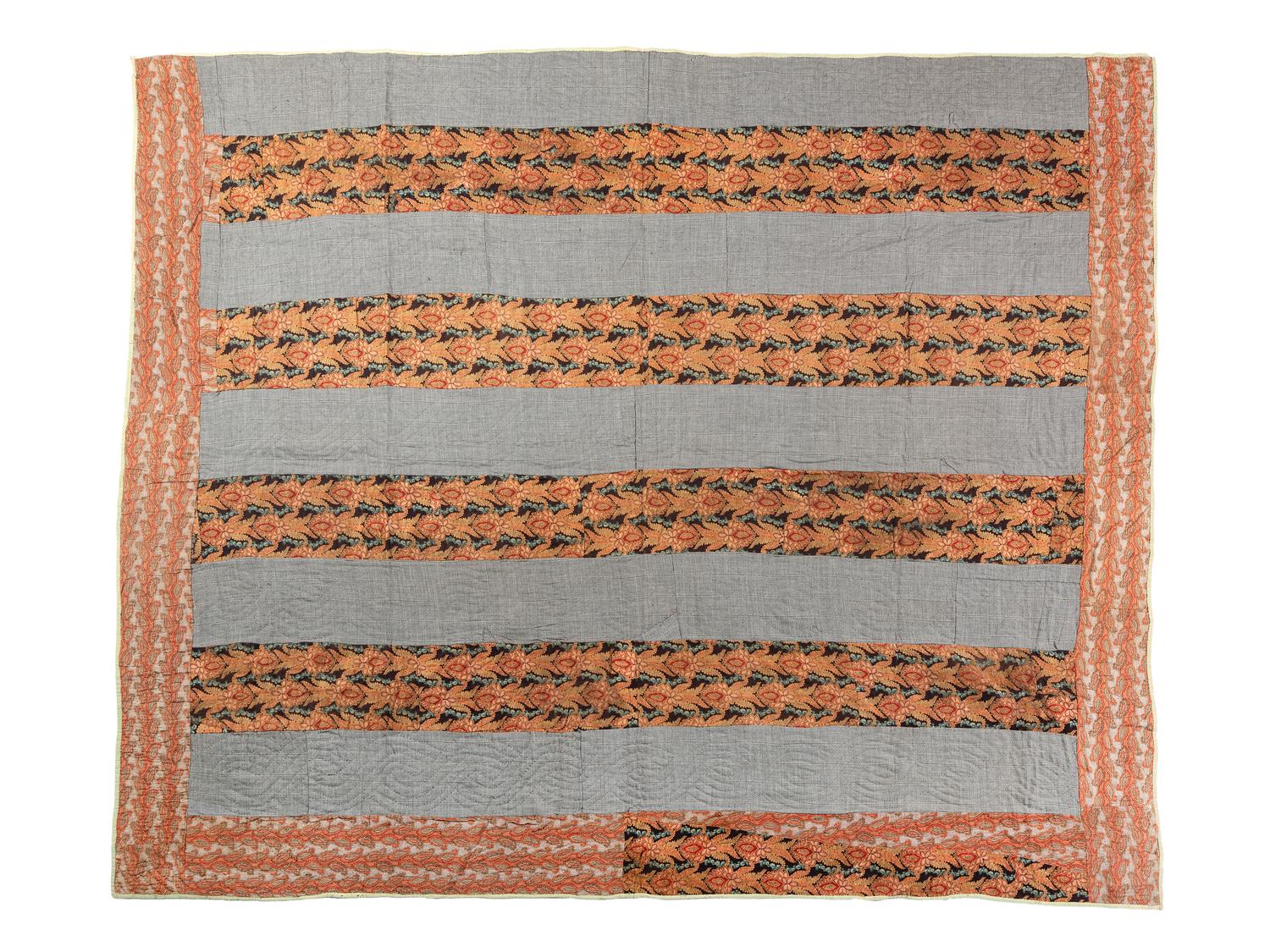 A Mennonite Bar and Stripe Pattern Pieced Cotton and Linsey Woolsey Quilt