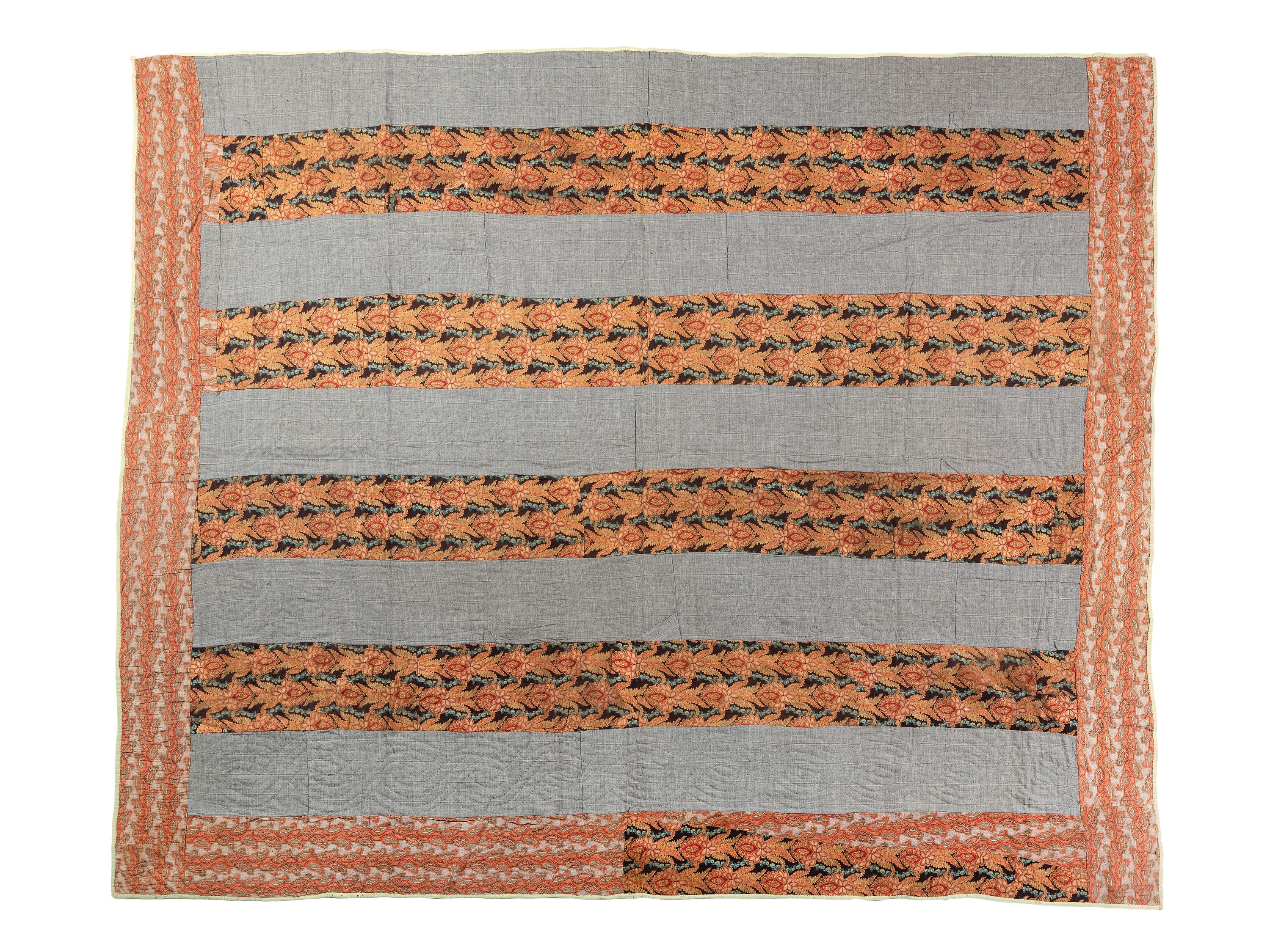 A Mennonite Bar and Stripe Pattern Pieced Cotton and Linsey Woolsey Quilt