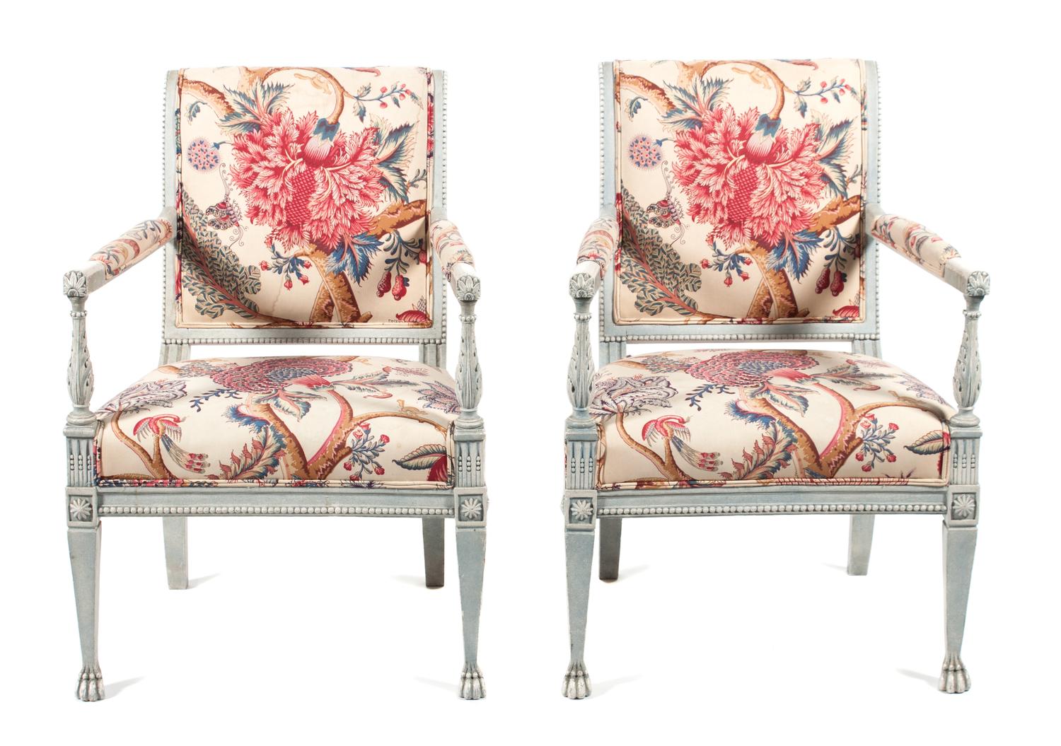 A Pair of Louis XVI Directoire Style Painted Fauteuils Height 34 inches. — LATE 19TH/EARLY 20TH CENTURY