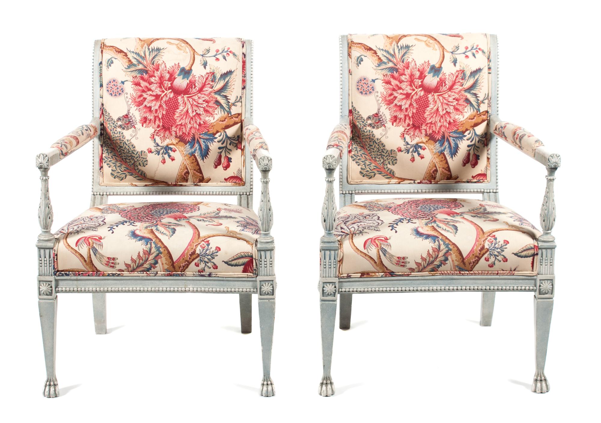 A Pair of Louis XVI Directoire Style Painted Fauteuils Height 34 inches. — LATE 19TH/EARLY 20TH CENTURY