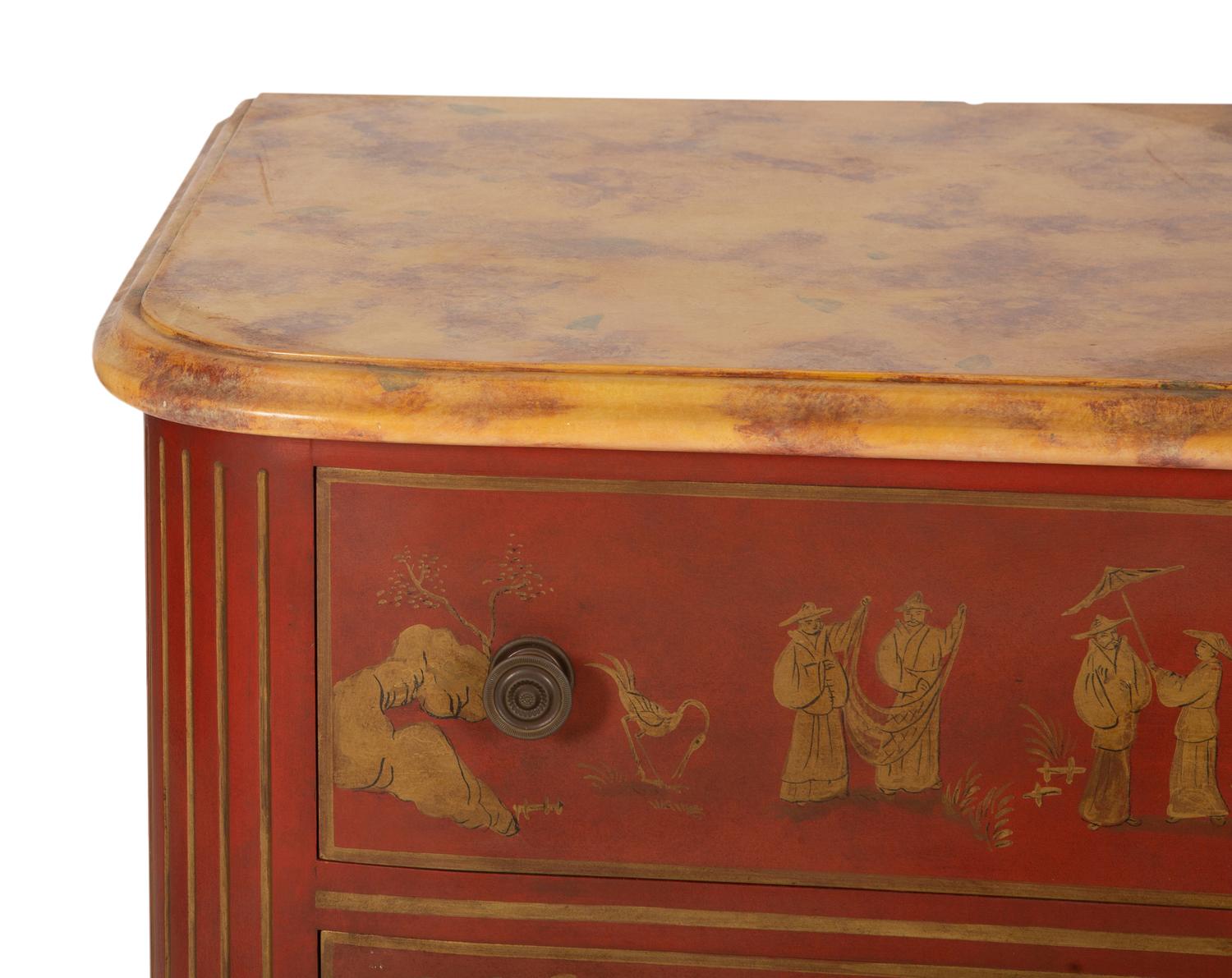 A Red and Gilt Chinoiserie Decorated Commode with Faux Marble Top