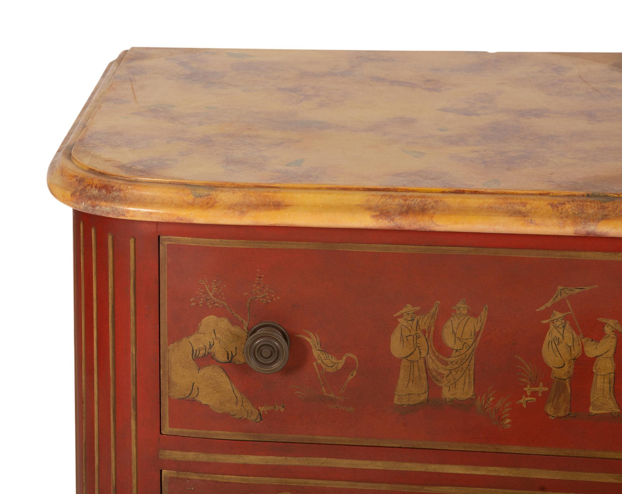 A Red and Gilt Chinoiserie Decorated Commode with Faux Marble Top