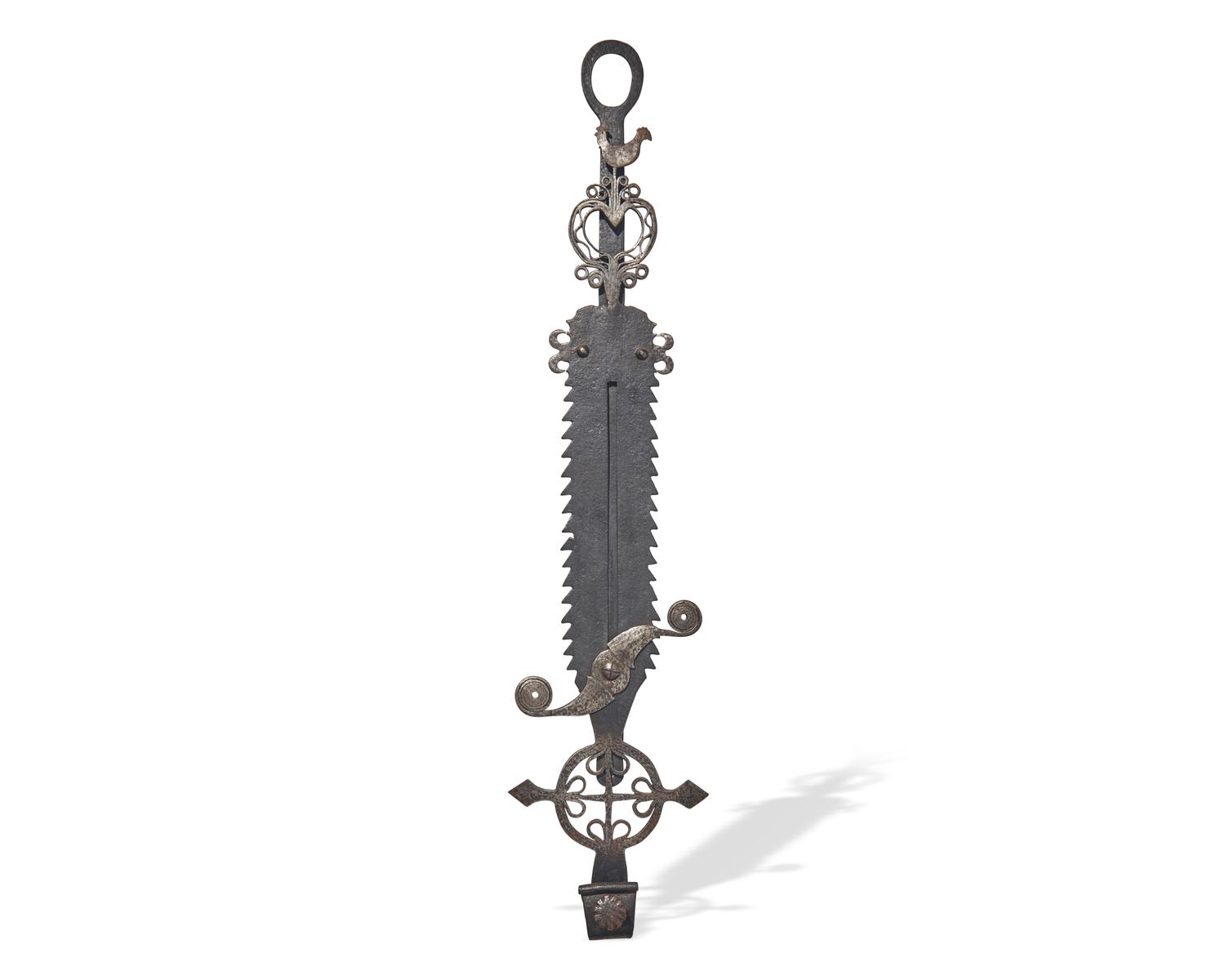 A Large Wrought Iron Adjustable Trammel with Rooster, France, 18th Century