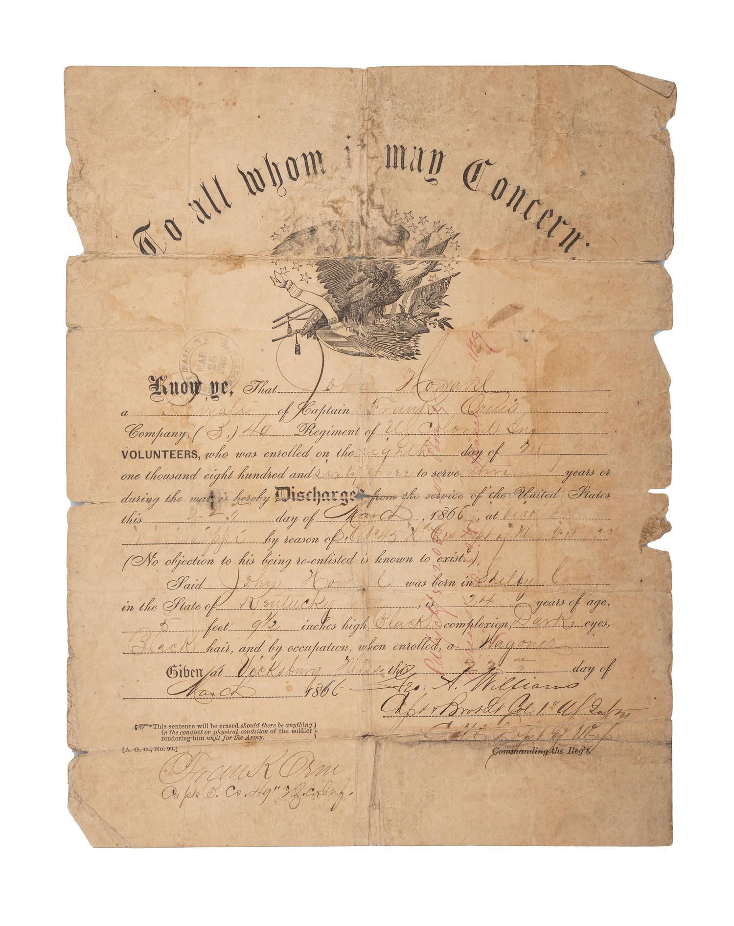 [CIVIL WAR]. Discharge certificate for formerly enslaved African American soldier John Howard of Shelby County, KY.