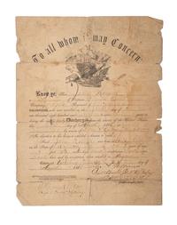 [CIVIL WAR]. Discharge certificate for formerly enslaved African American soldier John Howard of Shelby County, KY.