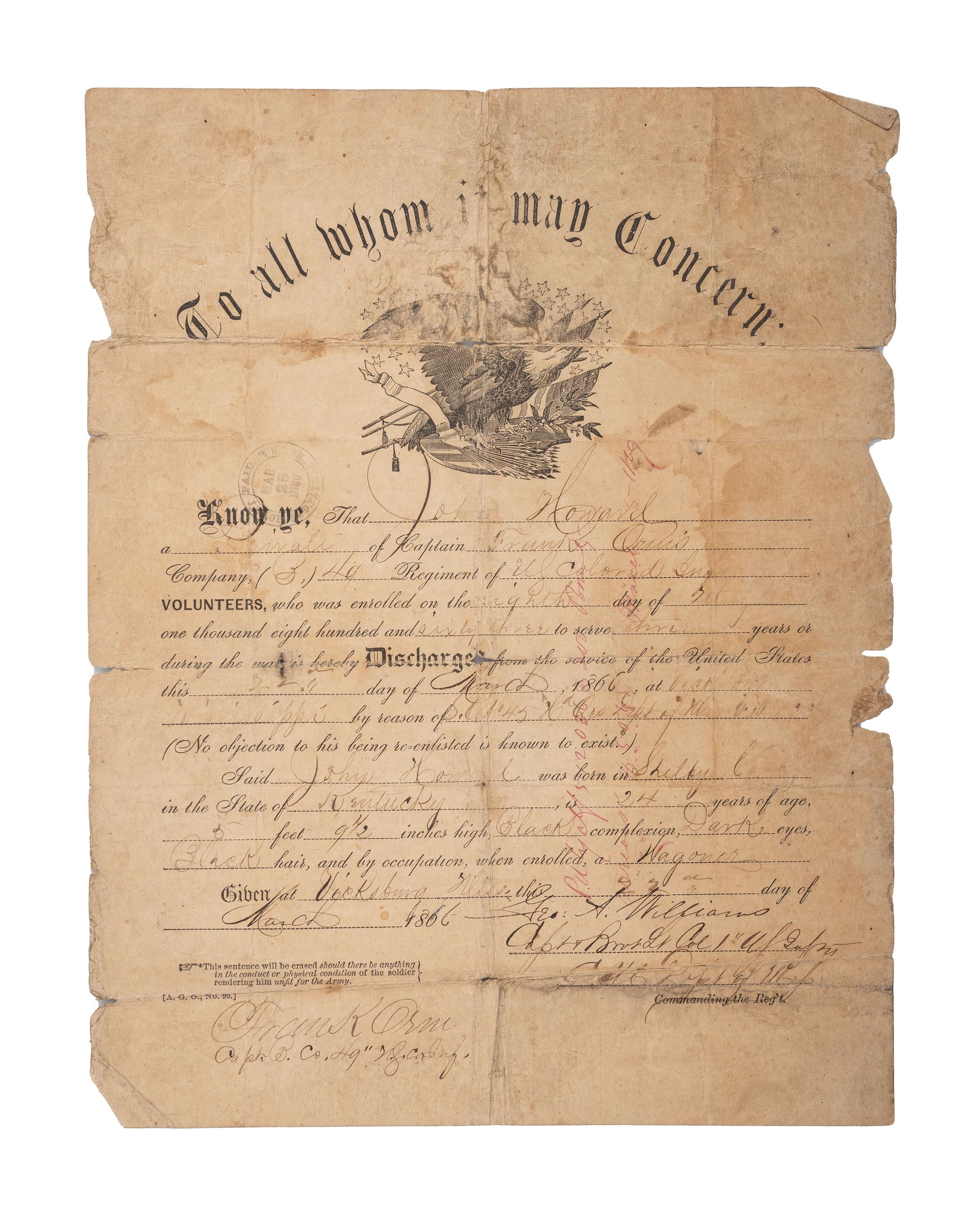 [CIVIL WAR]. Discharge certificate for formerly enslaved African American soldier John Howard of Shelby County, KY.