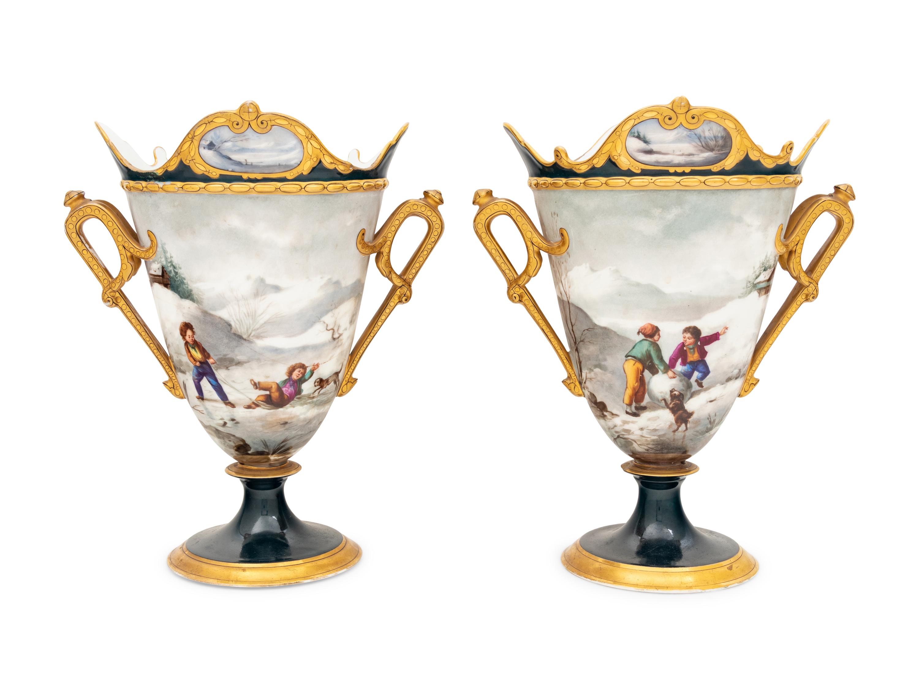 A Pair of Continental Porcelain Vases Decorated with Winter Scenes