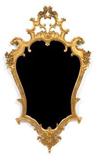 A Pair of Italian Rococo Style Carved Giltwood Mirrors Height 46 x width 27 inches. — 19TH CENTURY