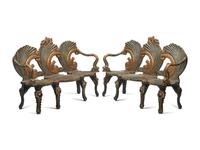 A Pair of Continental Gilt and Silvered Wood “Grotto” Settees