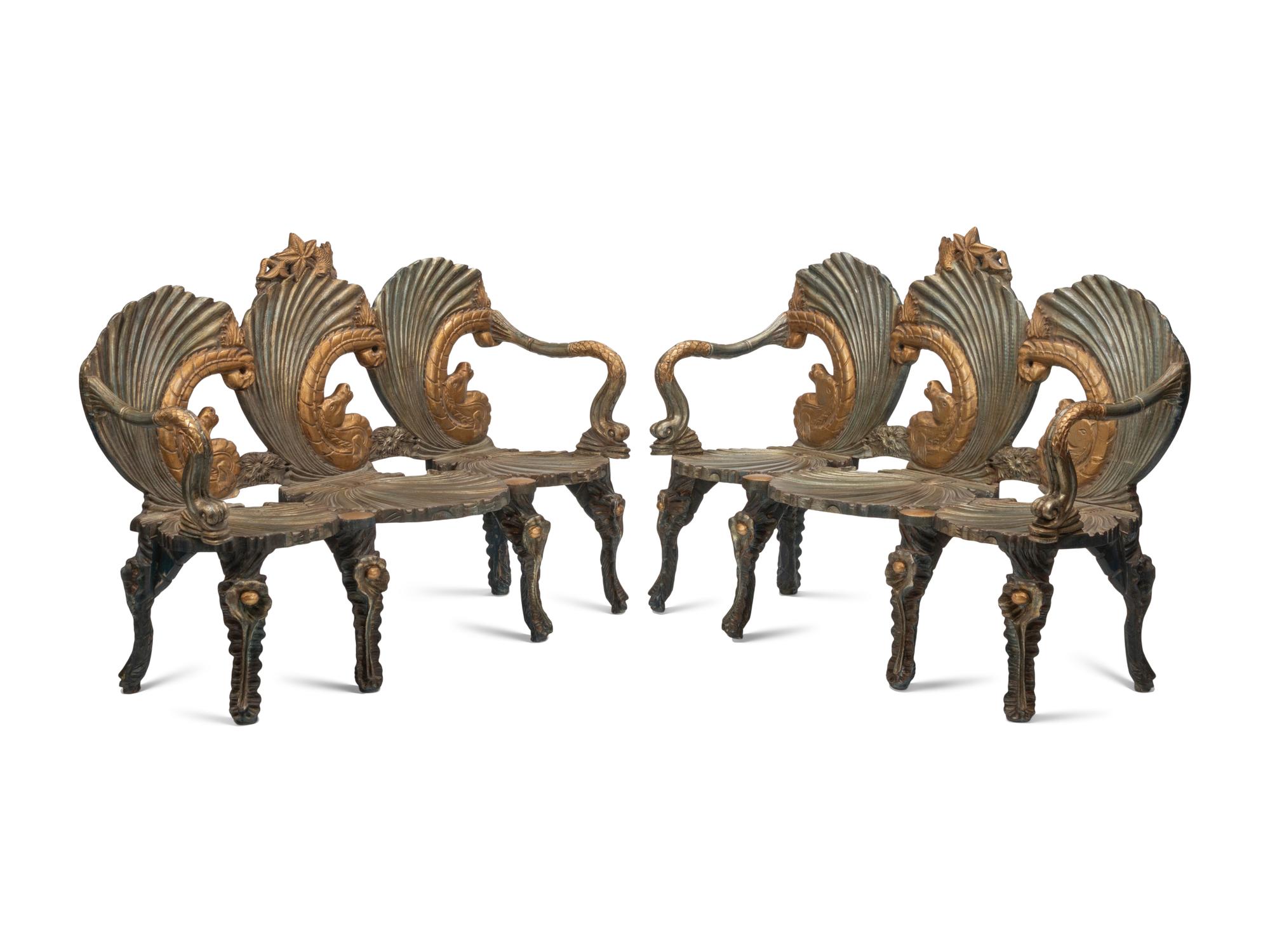 A Pair of Continental Gilt and Silvered Wood “Grotto” Settees