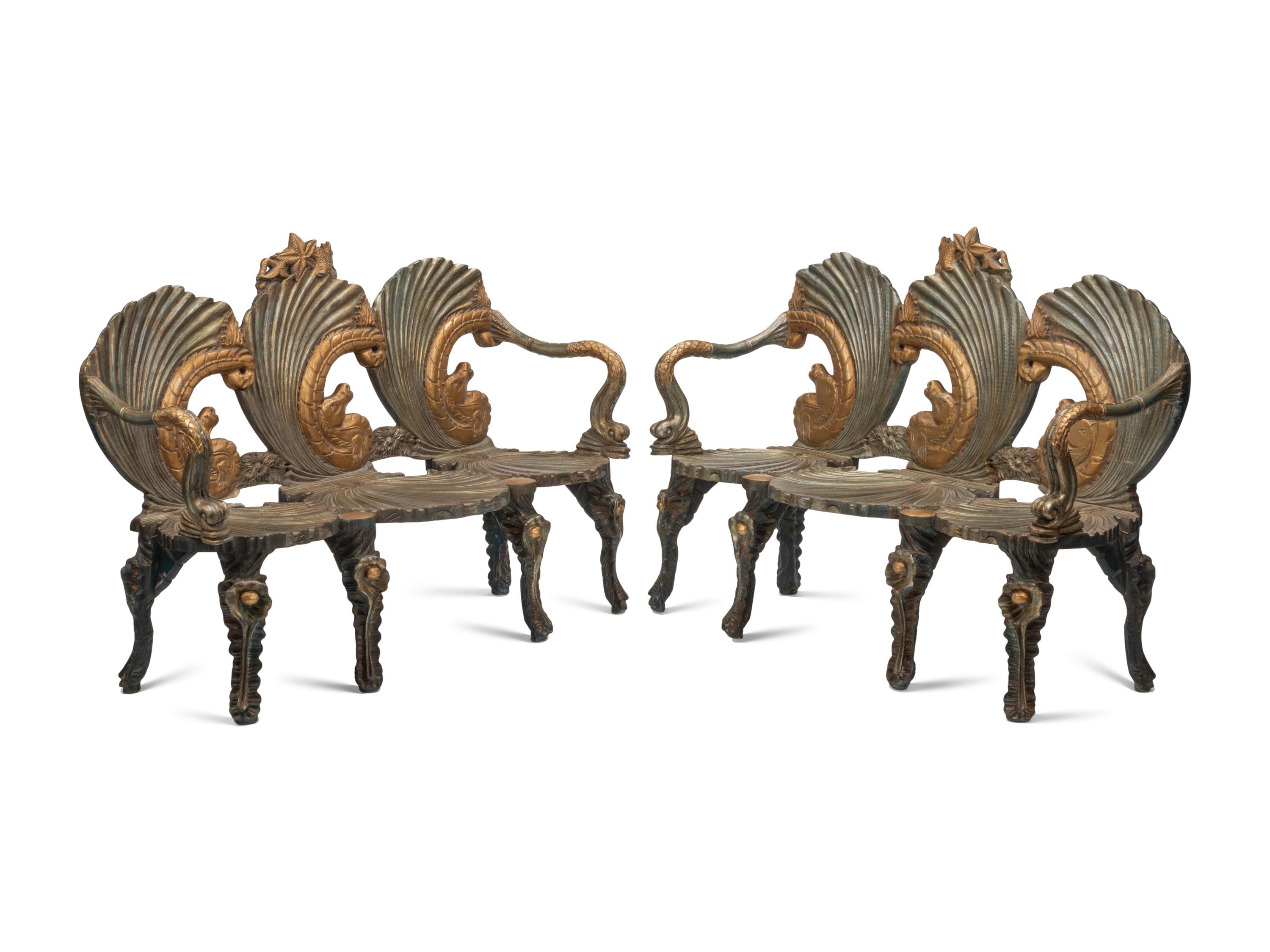 A Pair of Continental Gilt and Silvered Wood “Grotto” Settees
