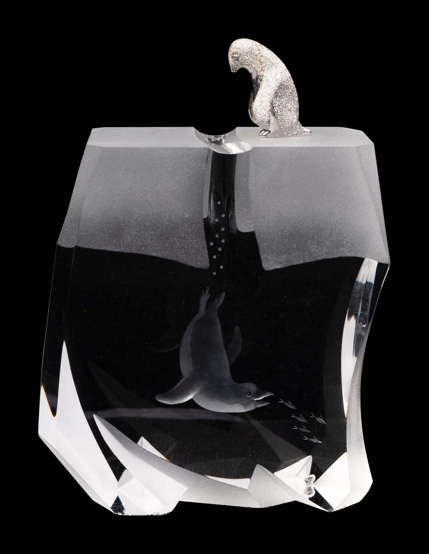 A Steuben Glass and Silver Ice Hunter Sculpture