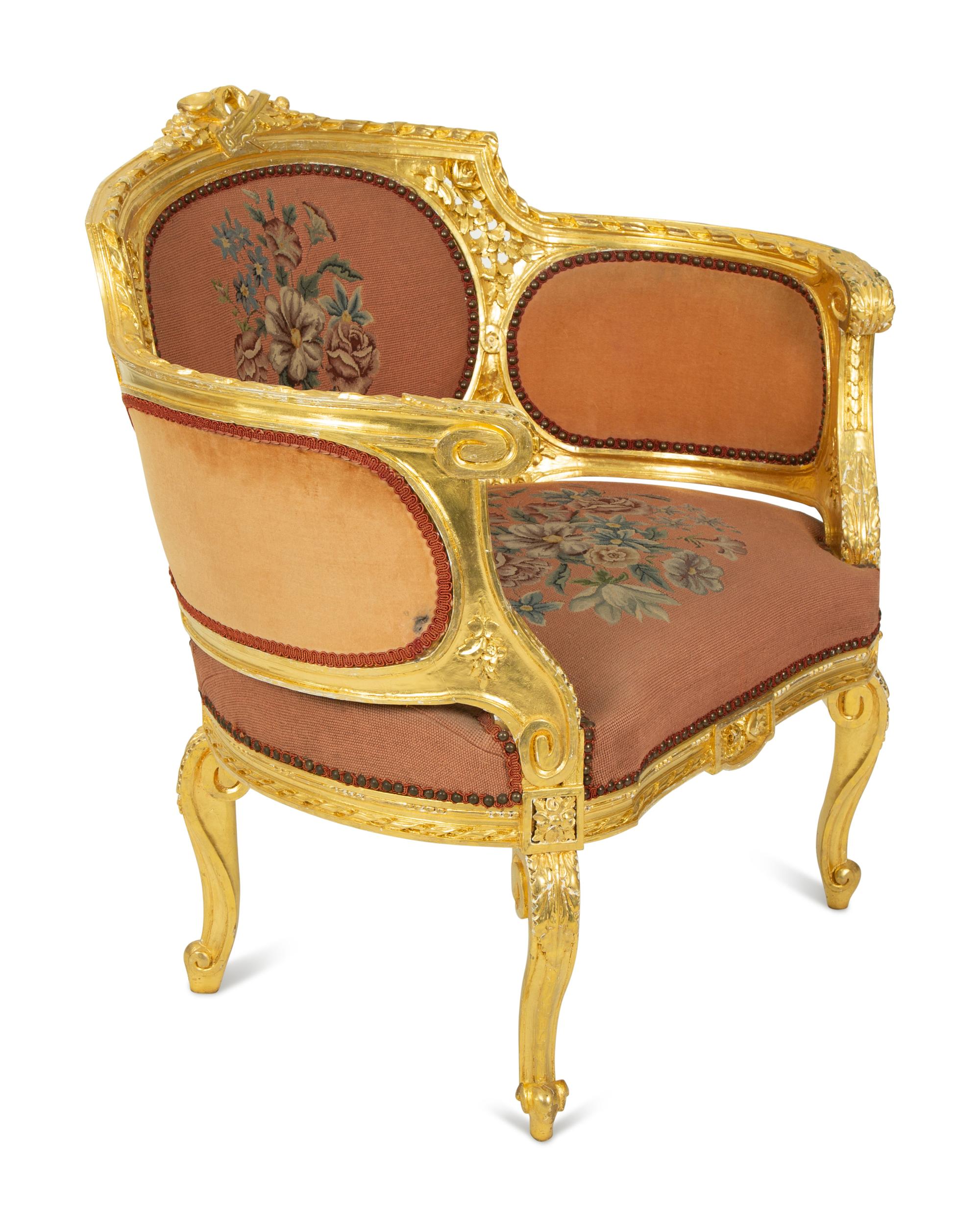 A Louis XVI Style Giltwood Bergere with Needlepoint Upholstery — 20TH CENTURY