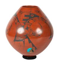Redware Pottery Vase, with Turquoise and Agate Medallions