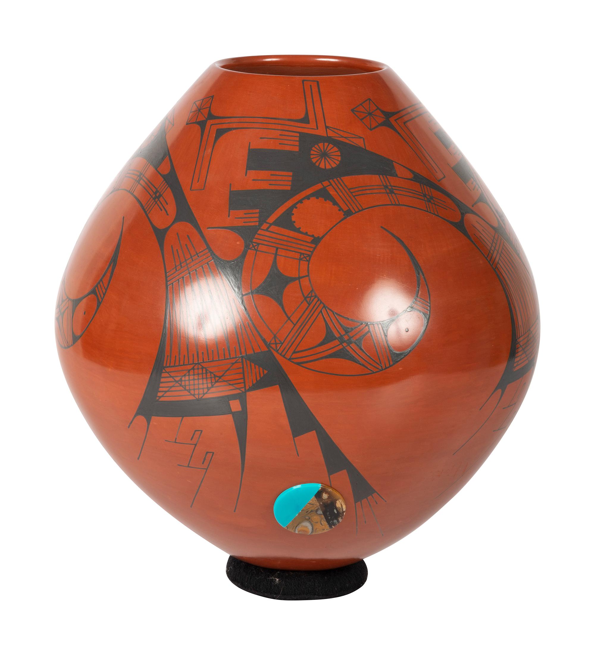 Redware Pottery Vase, with Turquoise and Agate Medallions
